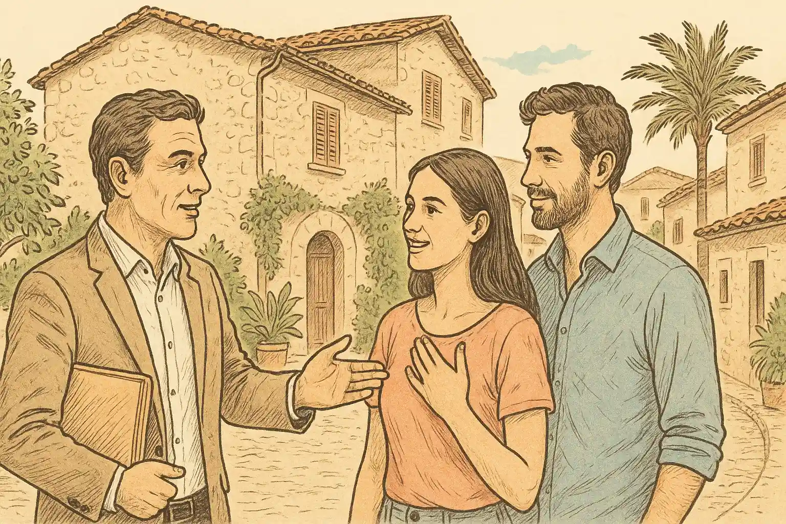 Agente inmobiliario explicando detalles de una vivienda a pareja durante visita guiada