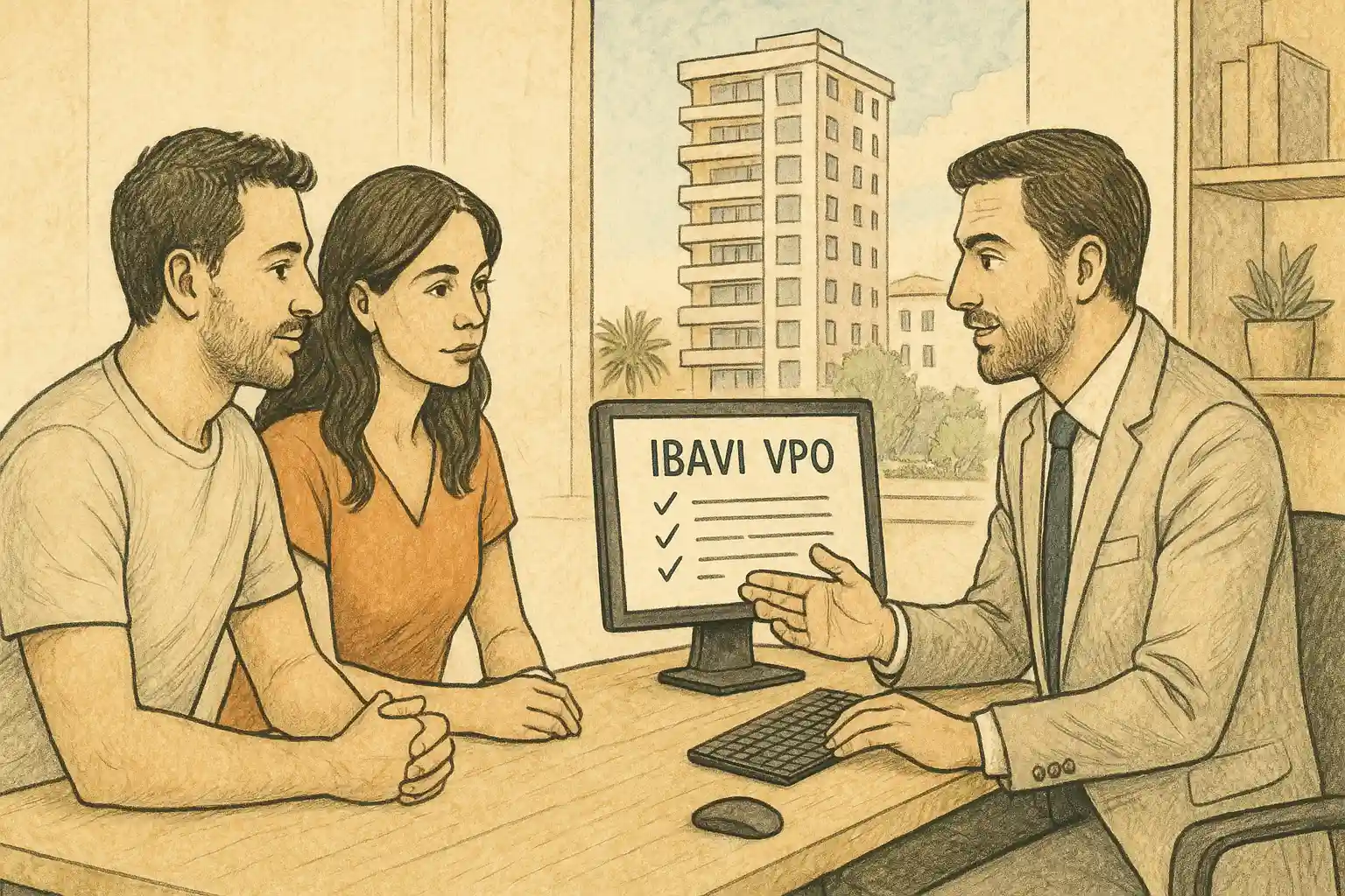 Pareja recibiendo asesoramiento en una oficina sobre el acceso a una vivienda del IBAVI.