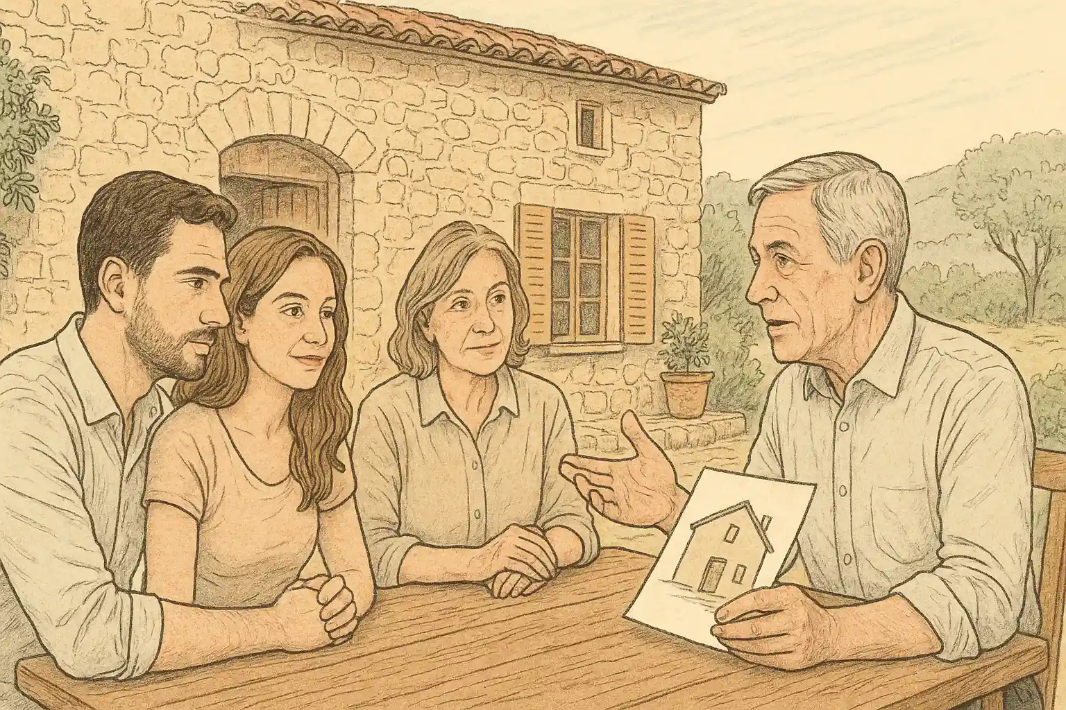 Familia reunida con el propietario para conocer los pasos para comprar una casa y negociar el proceso de compra de vivienda.