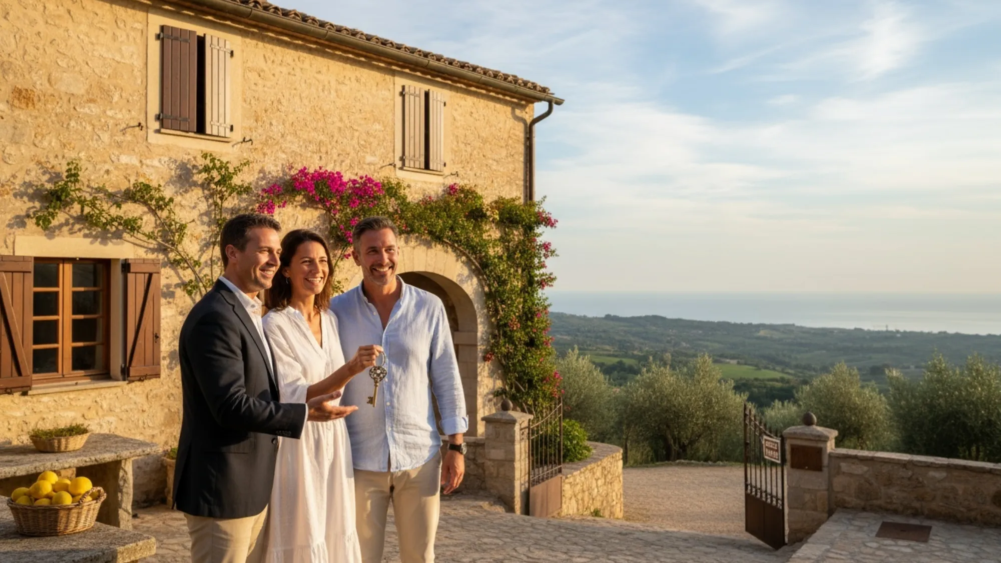 Cómo funciona el alquiler con opción a compra: pareja recibe las llaves de una casa rústica junto a su asesor