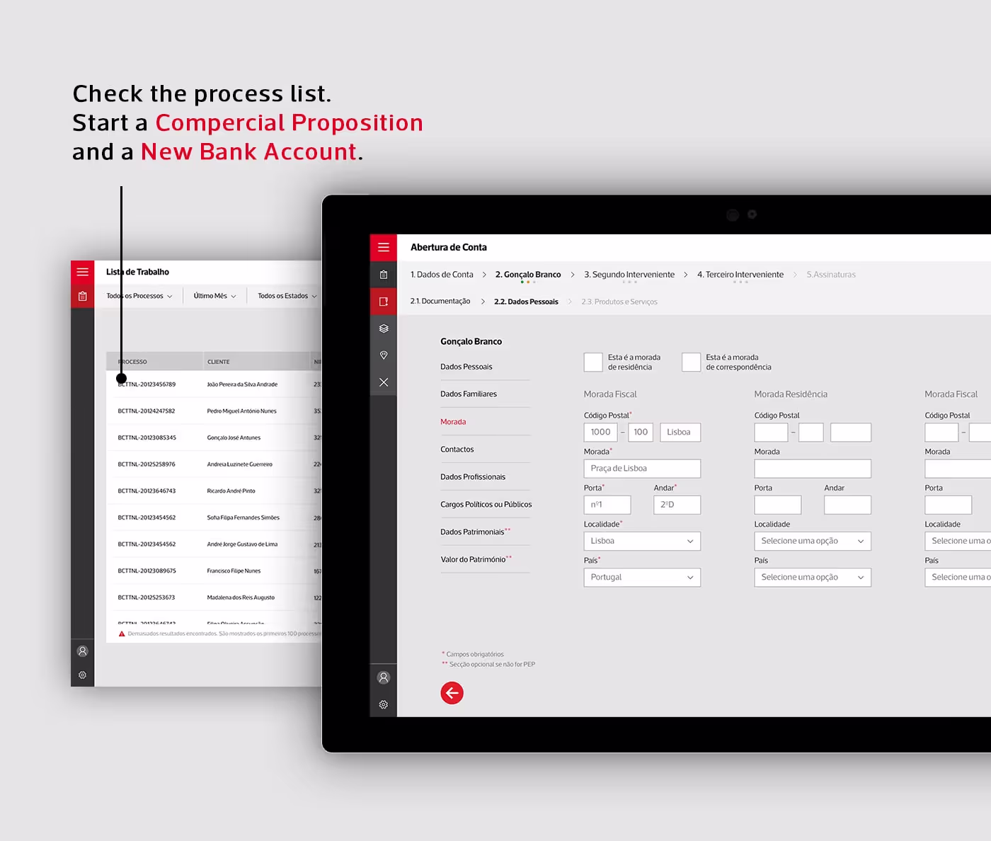 banco CTT screen to check the process list to start comercial proposition and new bank account