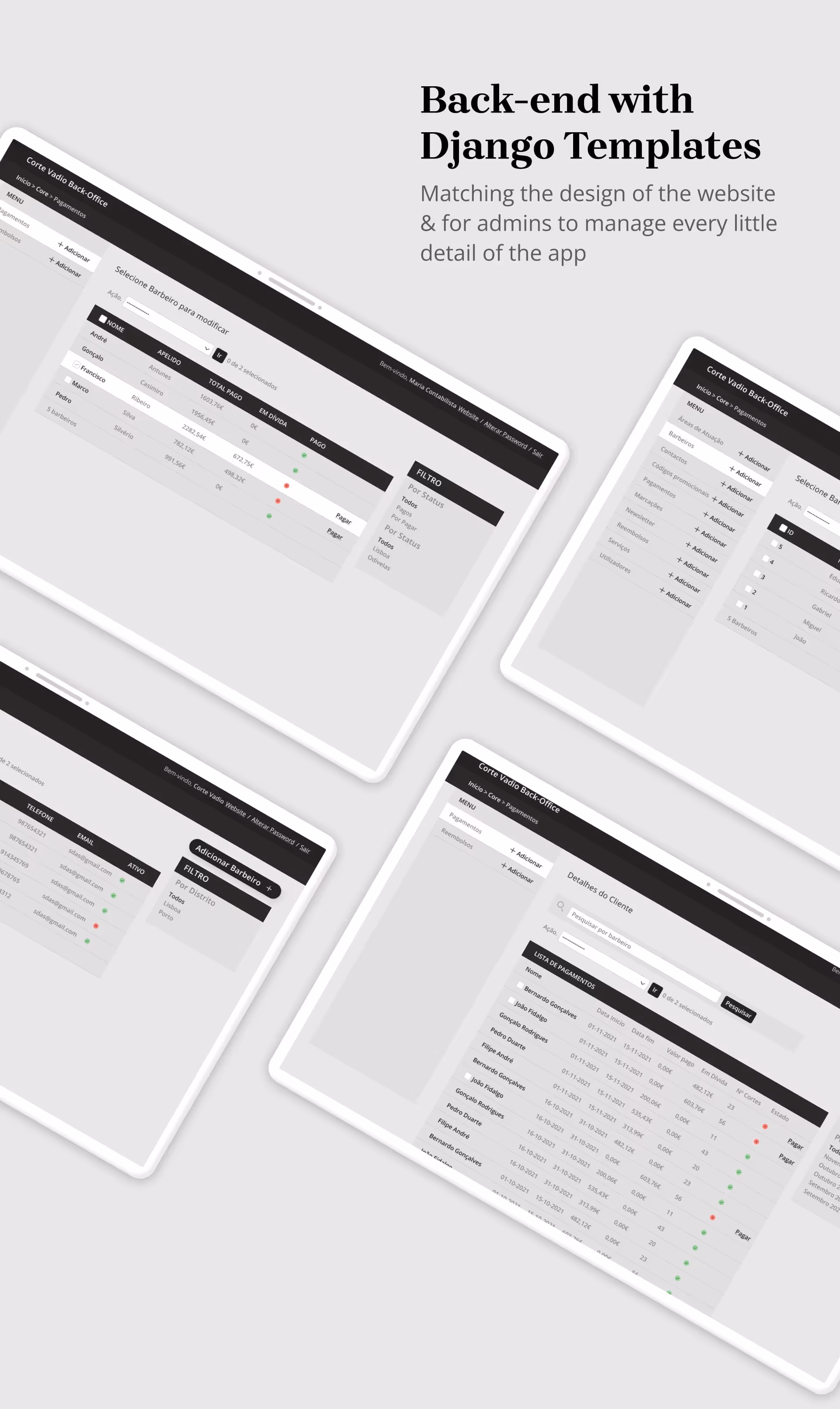 Corte Vadio Back-end with Django Templates. For owners to manage eve little detail of the app