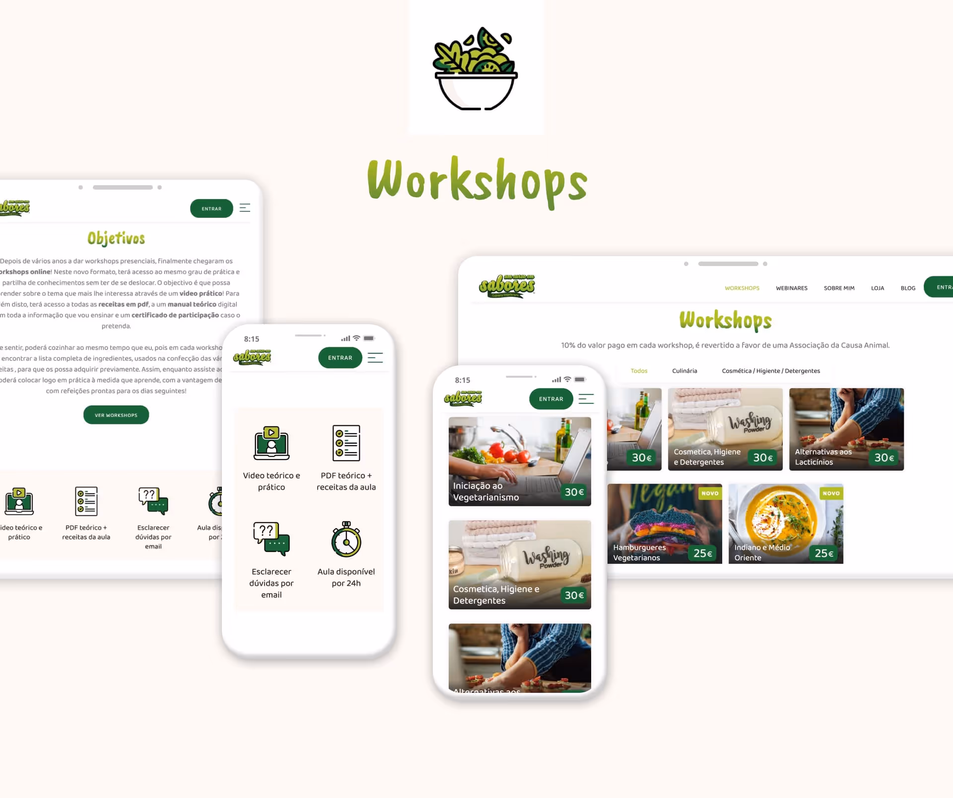 Um Curso em Sabores workshops page with many interesting options made with webflow