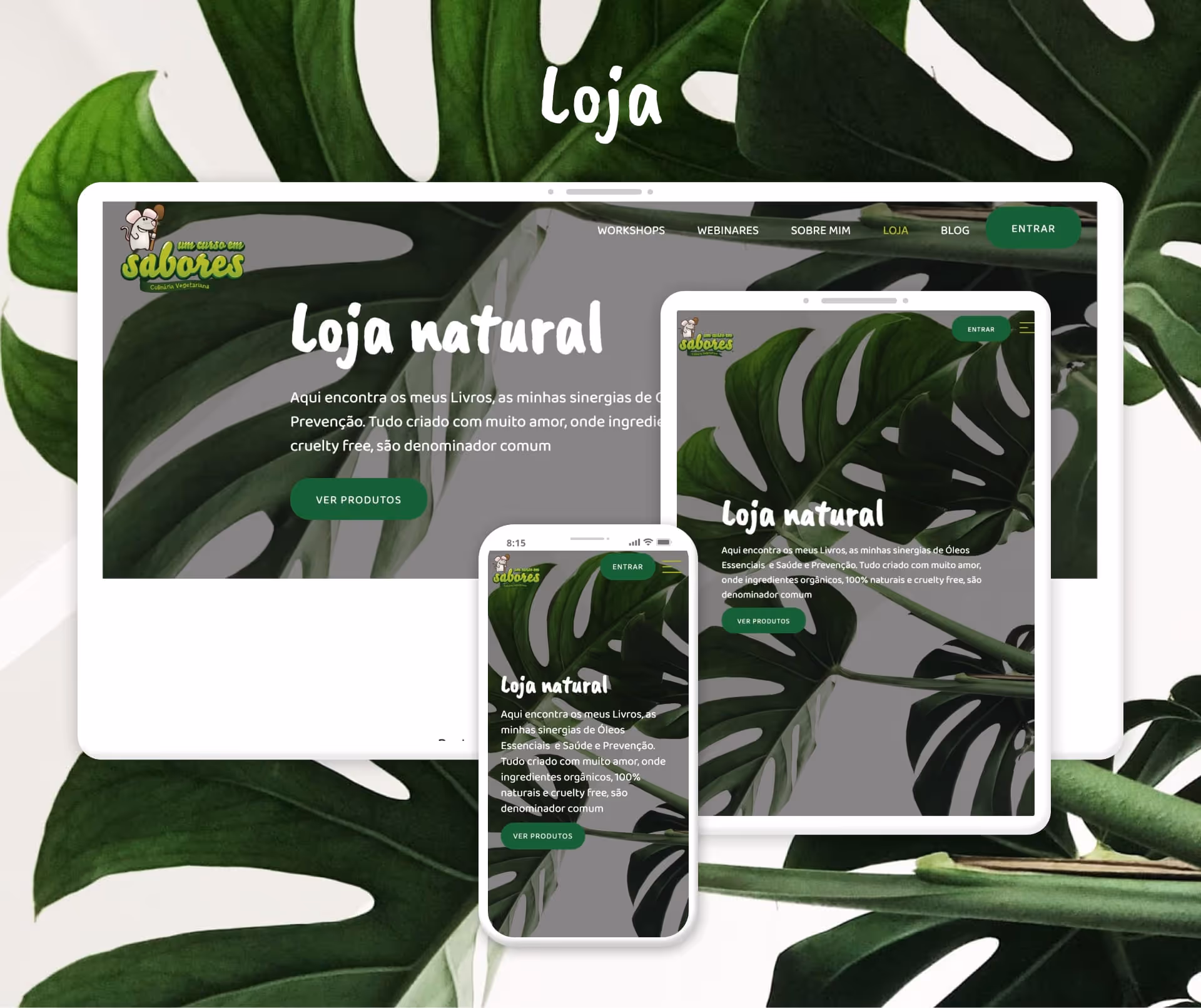 Um Curso em Sabores Store front door with a nice background image and hero section made with Webflow