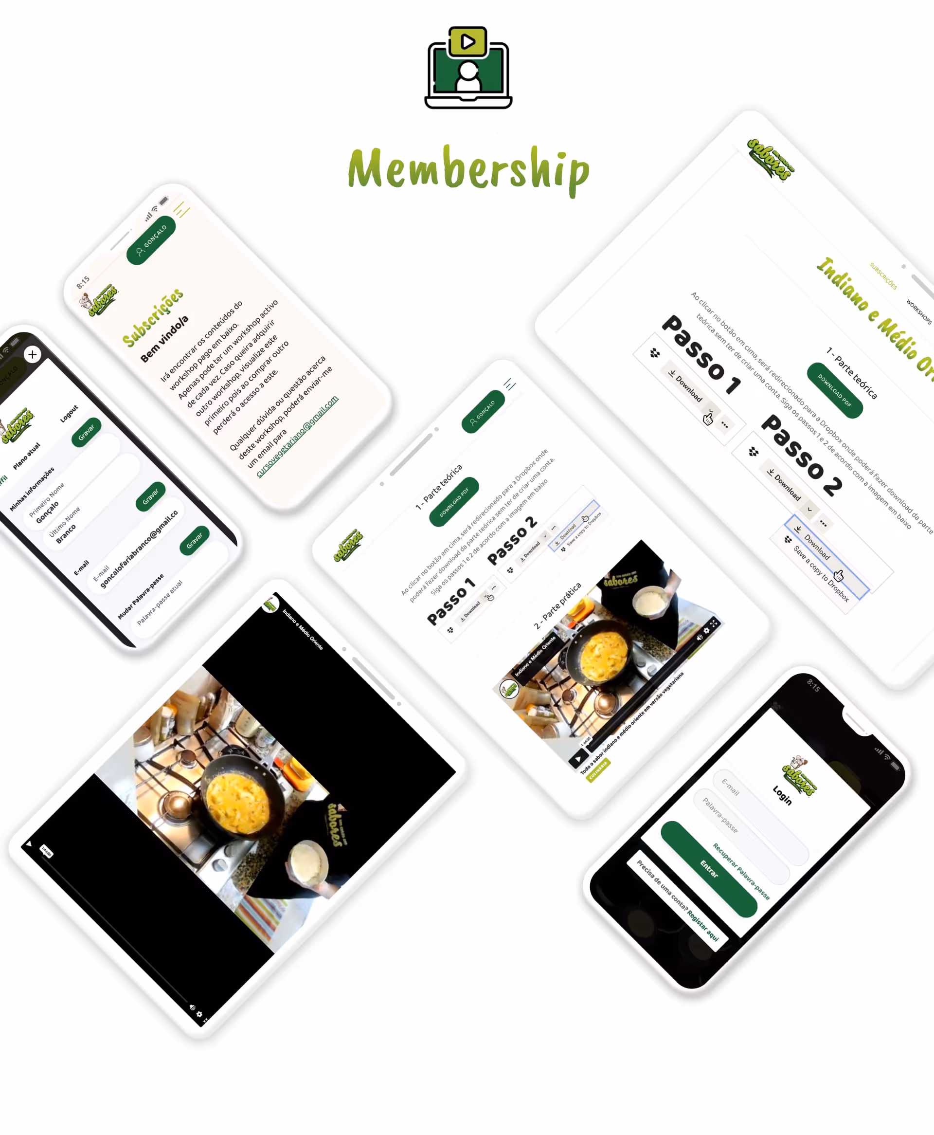 Um Curso em Sabores membership screens with login/register and workshops made with webflow and memberstack