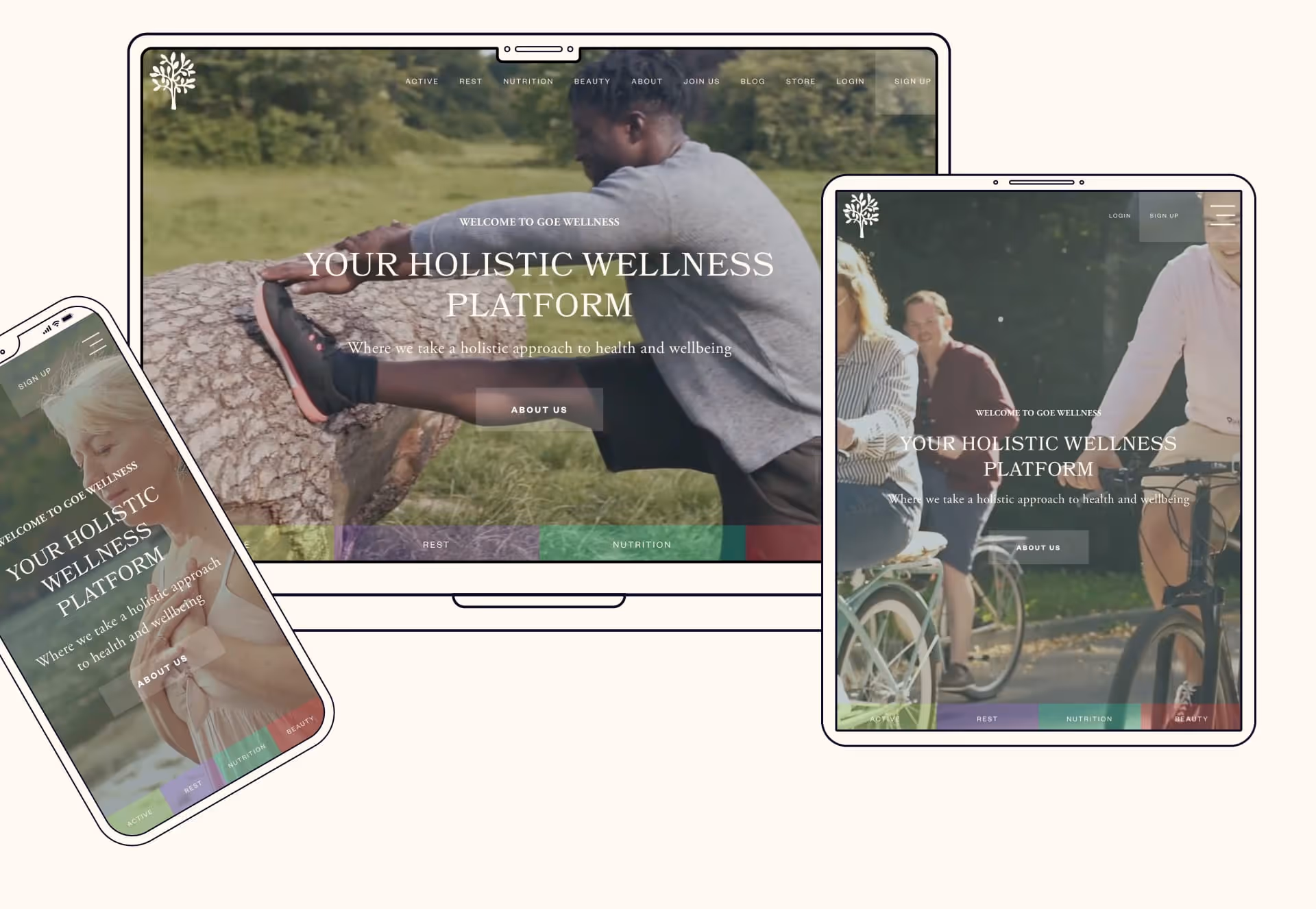 Gardens of Eden hero section of homepage in desktop tablet and mobile