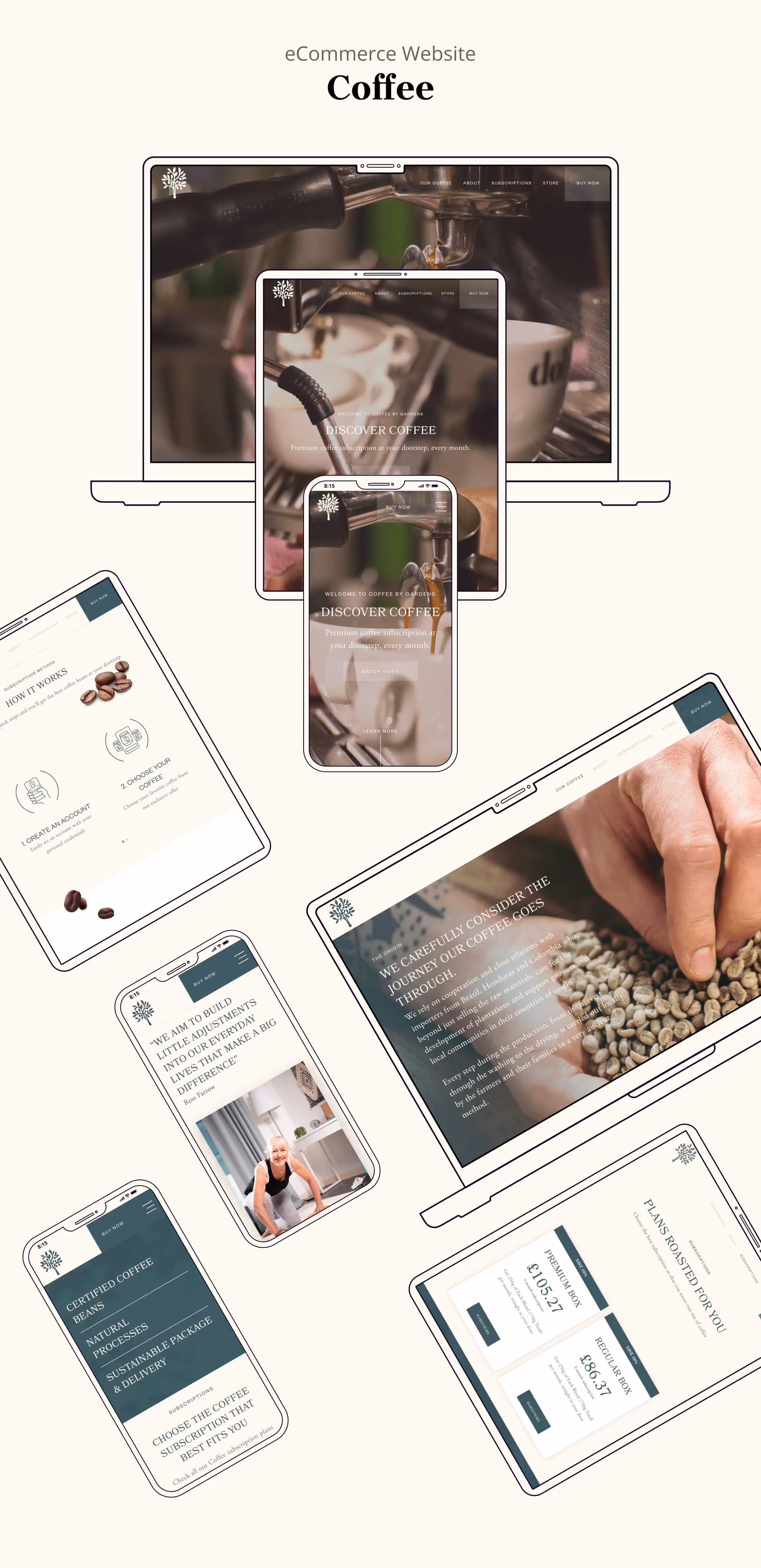 Gardens of Eden Coffee website screens in Desktop, Tablet and Mobile made in webflow