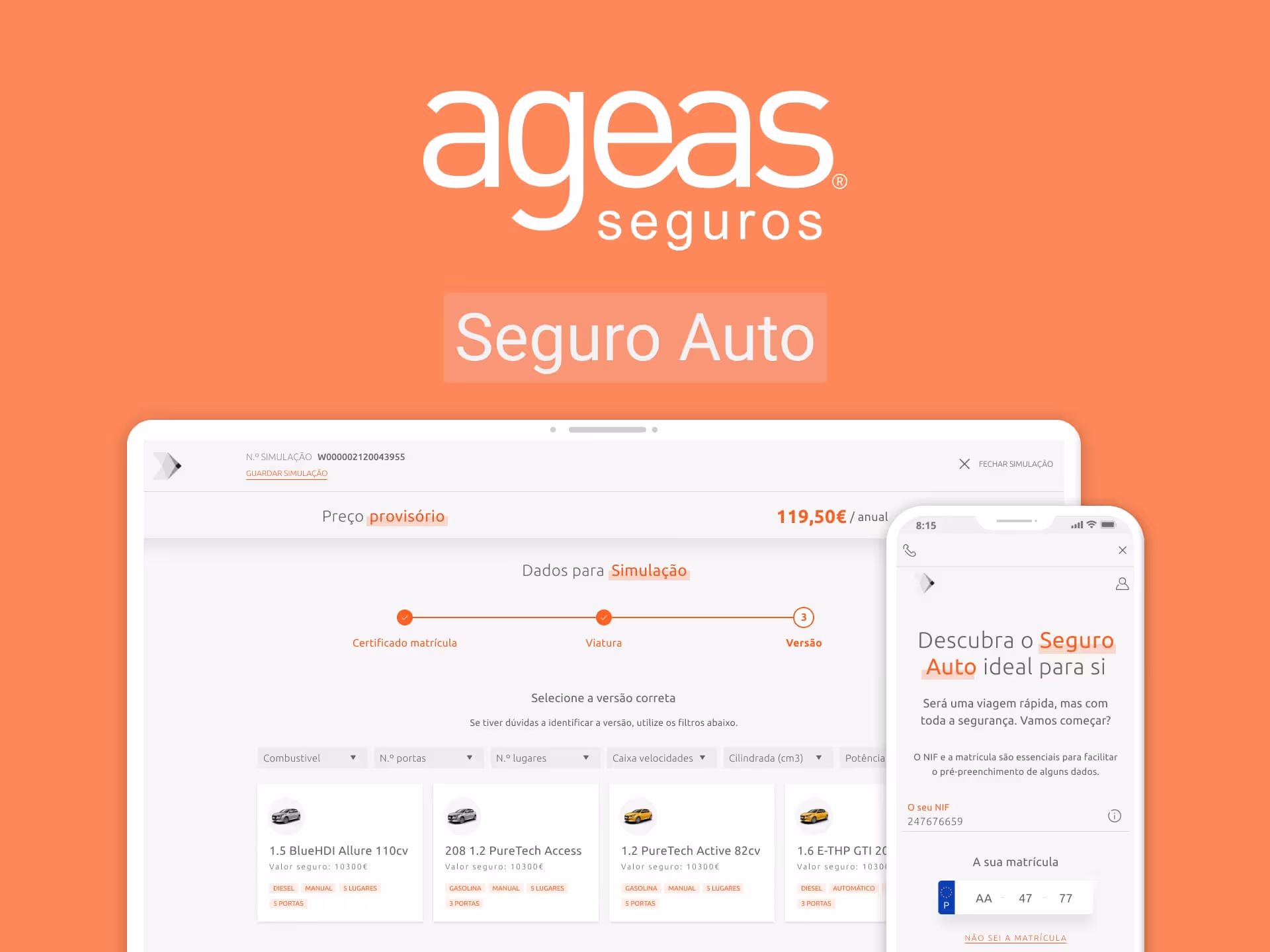 AGEAS seguro auto hero image with main screens in desktop and mobile