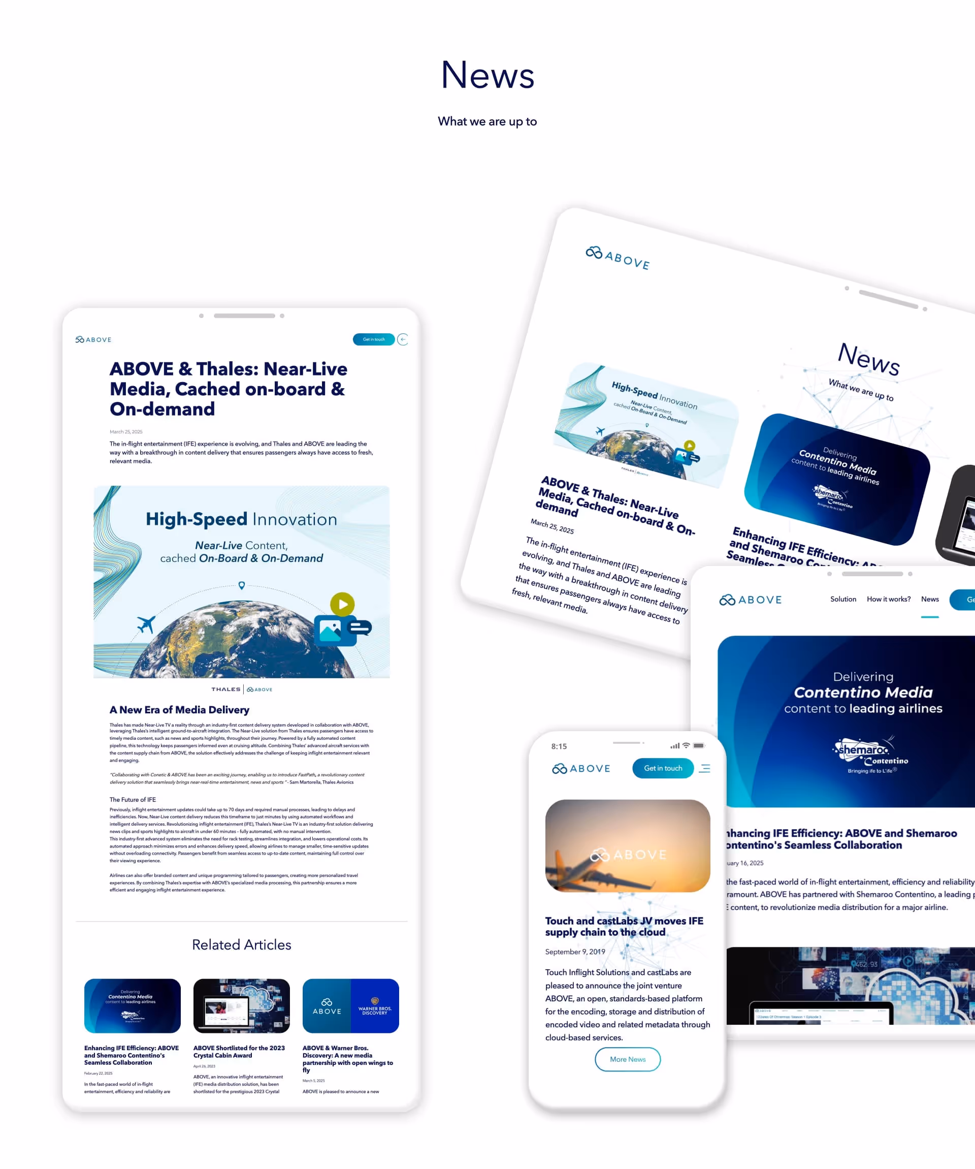 Above aero News screens in desktop, tablet and mobile made in webflow