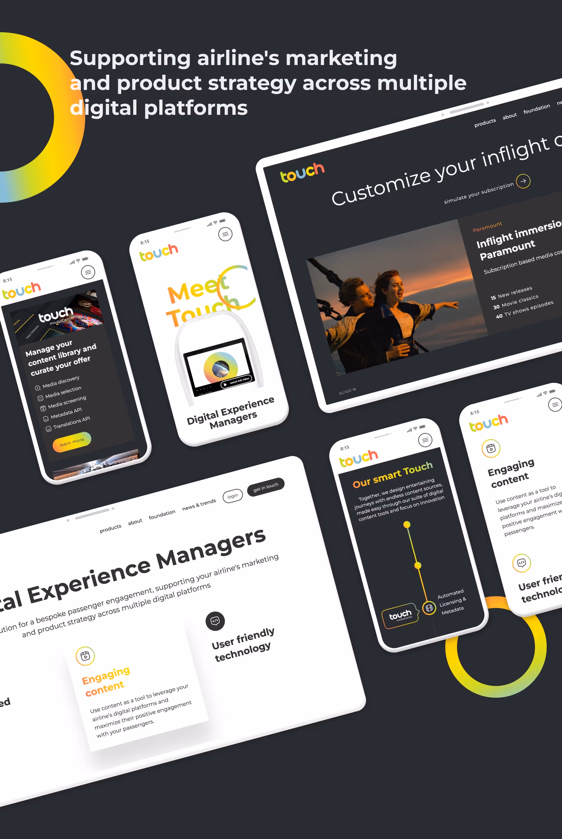 Touch Aero Digital Experience Managers with main designs of the homepage sections in desktop and mobile made in webflow