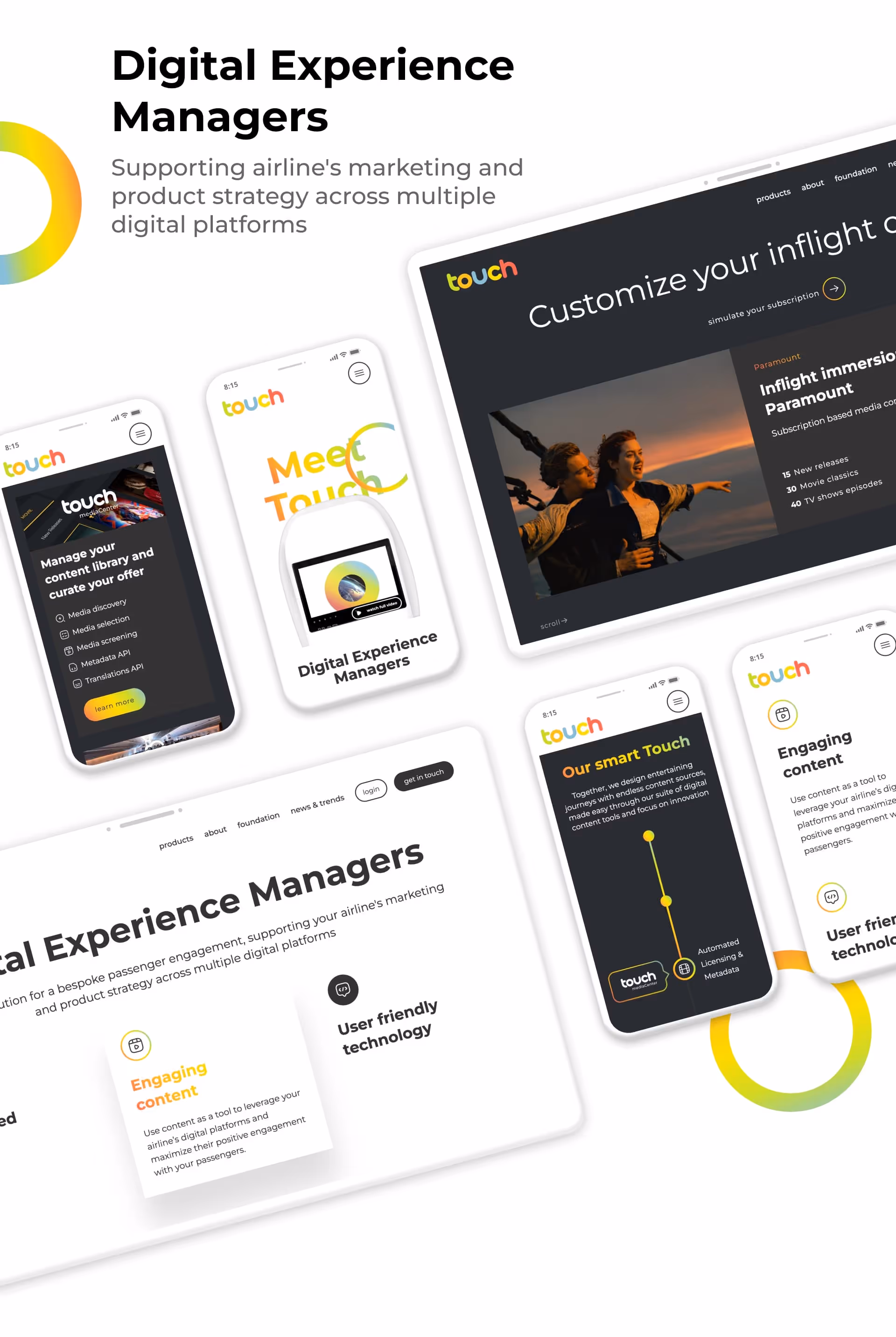 Touch Aero Digital Experience Managers with main designs of the homepage sections in desktop and mobile made in webflow