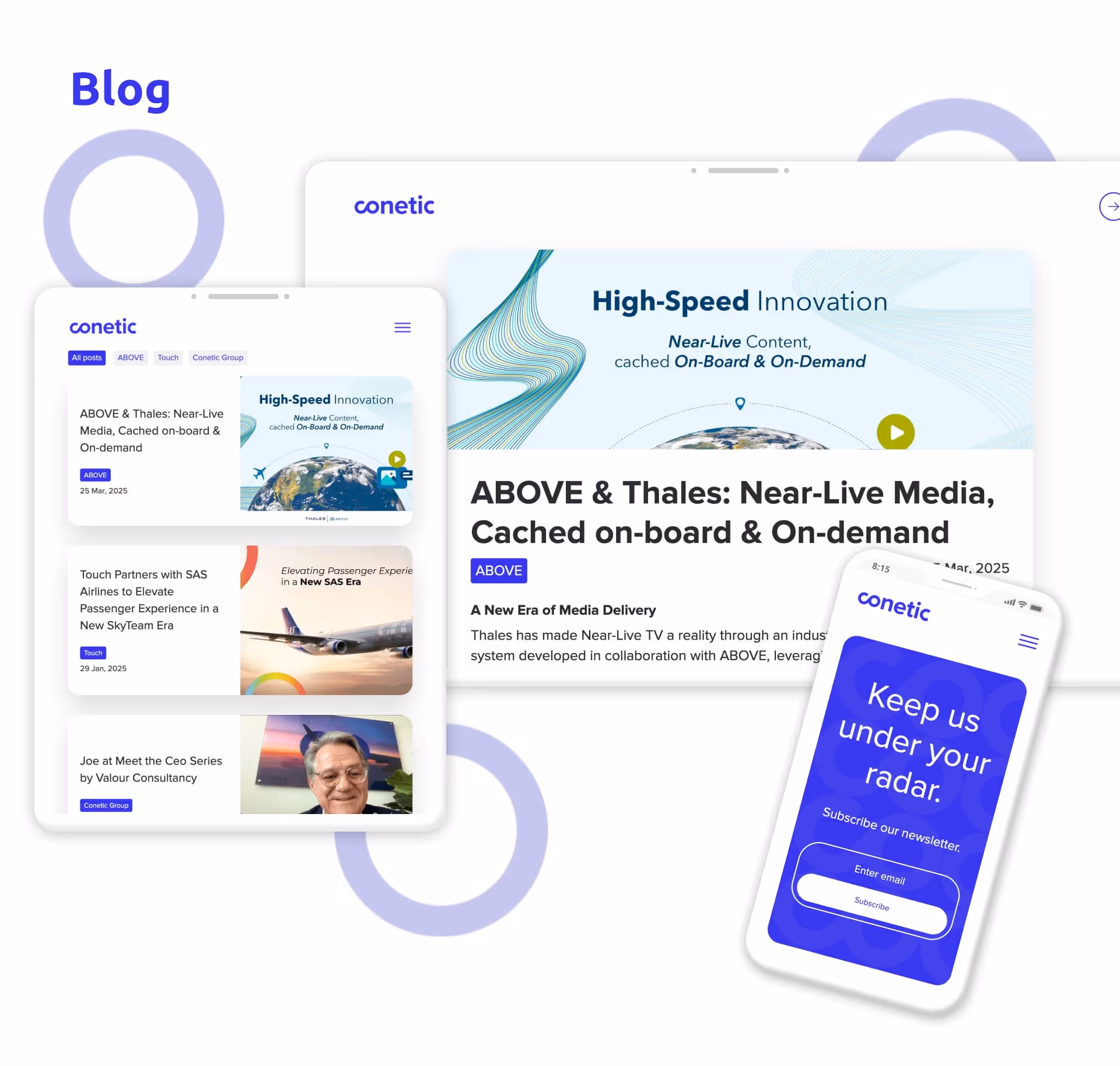 Conetic Group Blog screens in Desktop, tablet and mobile made in webflow