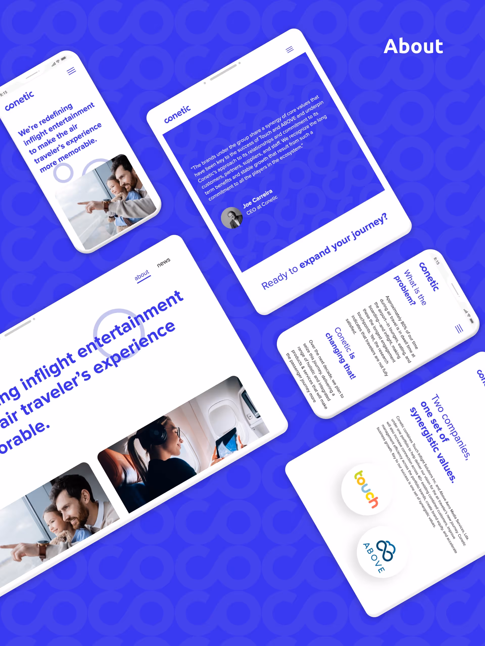 Conetic Group About screens in desktop, tablet and mobile made in webflow