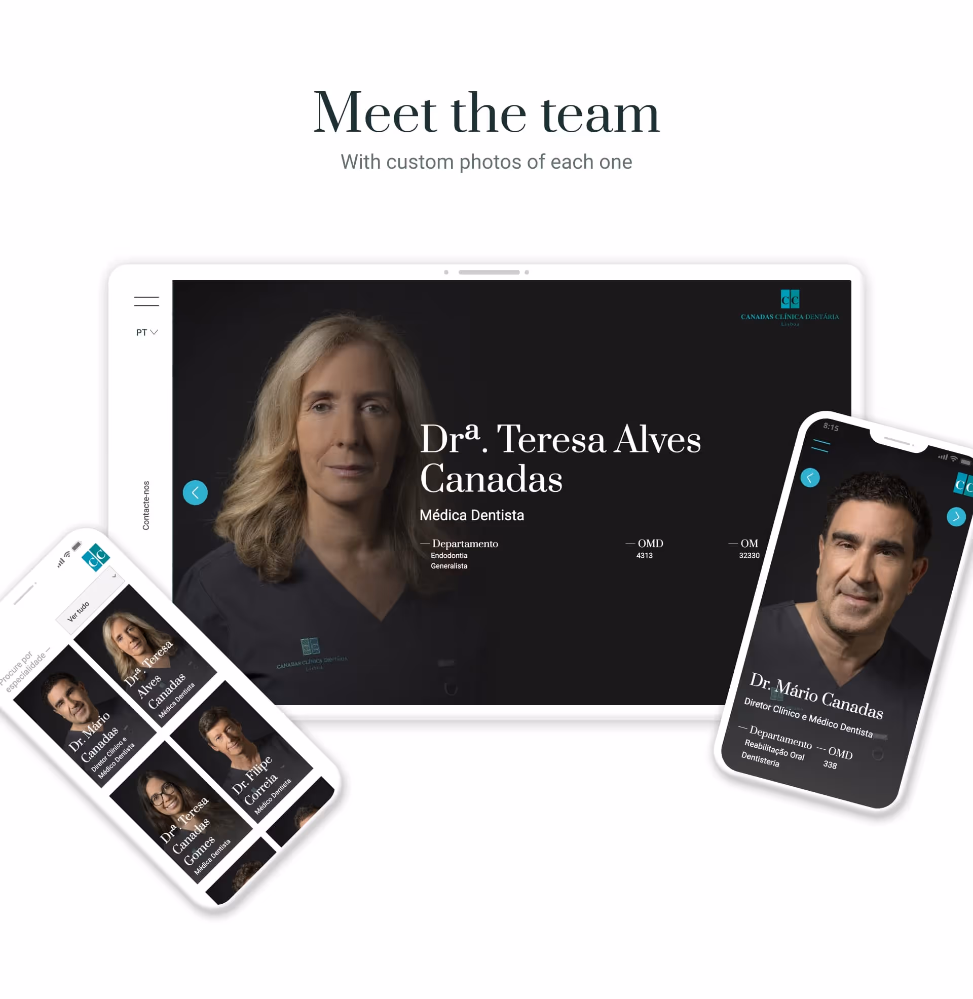Clínica Canadas meet the team with mockup in external screen and mobile made with Webflow