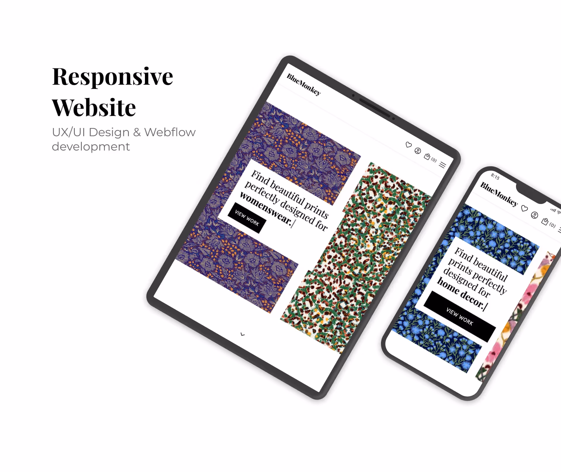 Blue Monkey Prints website main hero section in tablet and mobile made in Webflow