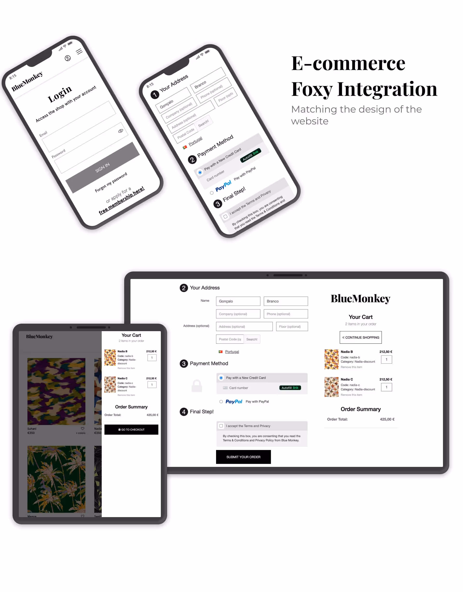 Blue Monkey Prints website E-commerce foxy integration screens in desktop, tablet and mobile made in Webflow and Foxy