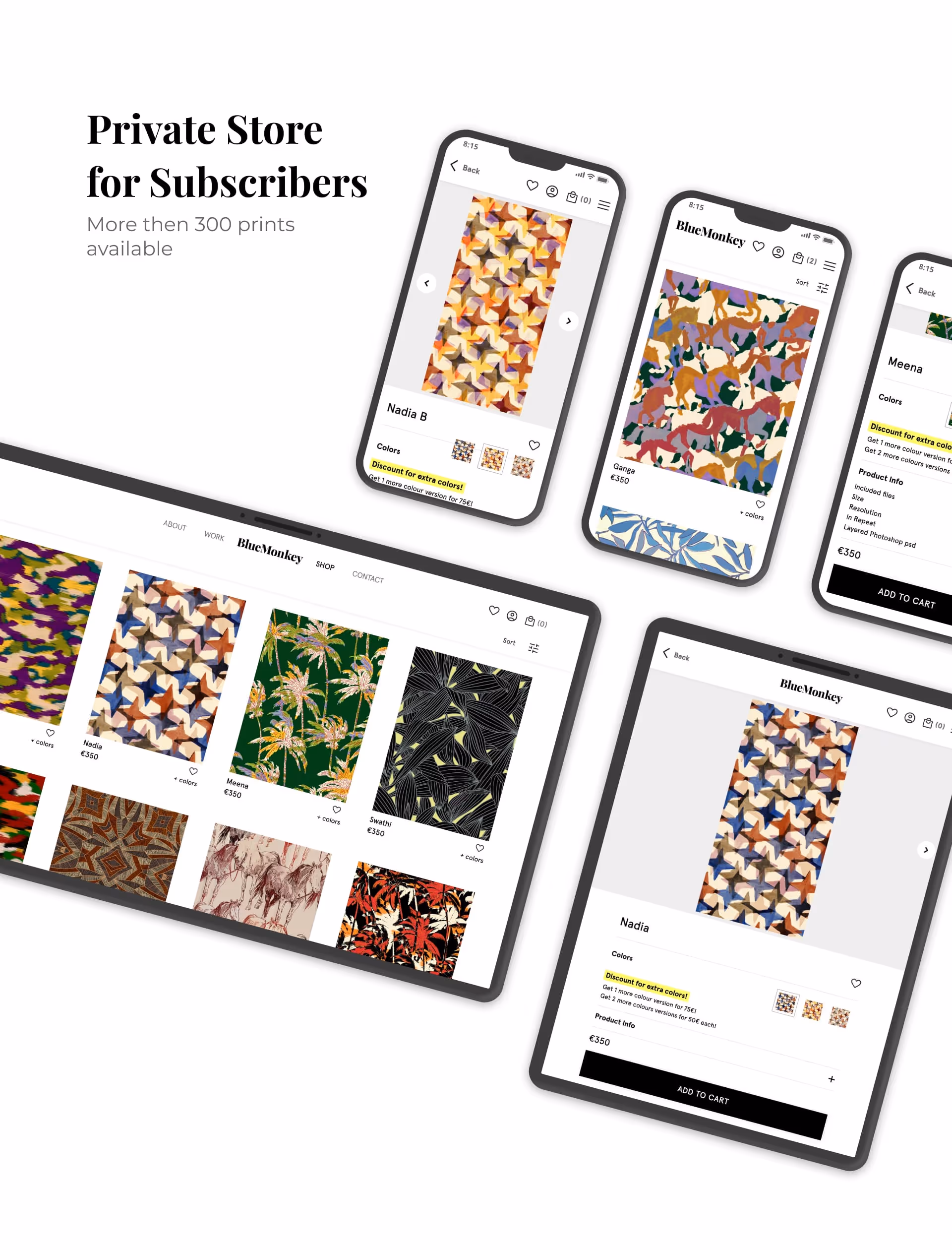 Blue Monkey Prints website Private Store screens in desktop, tablet and mobile made in Webflow and Foxy