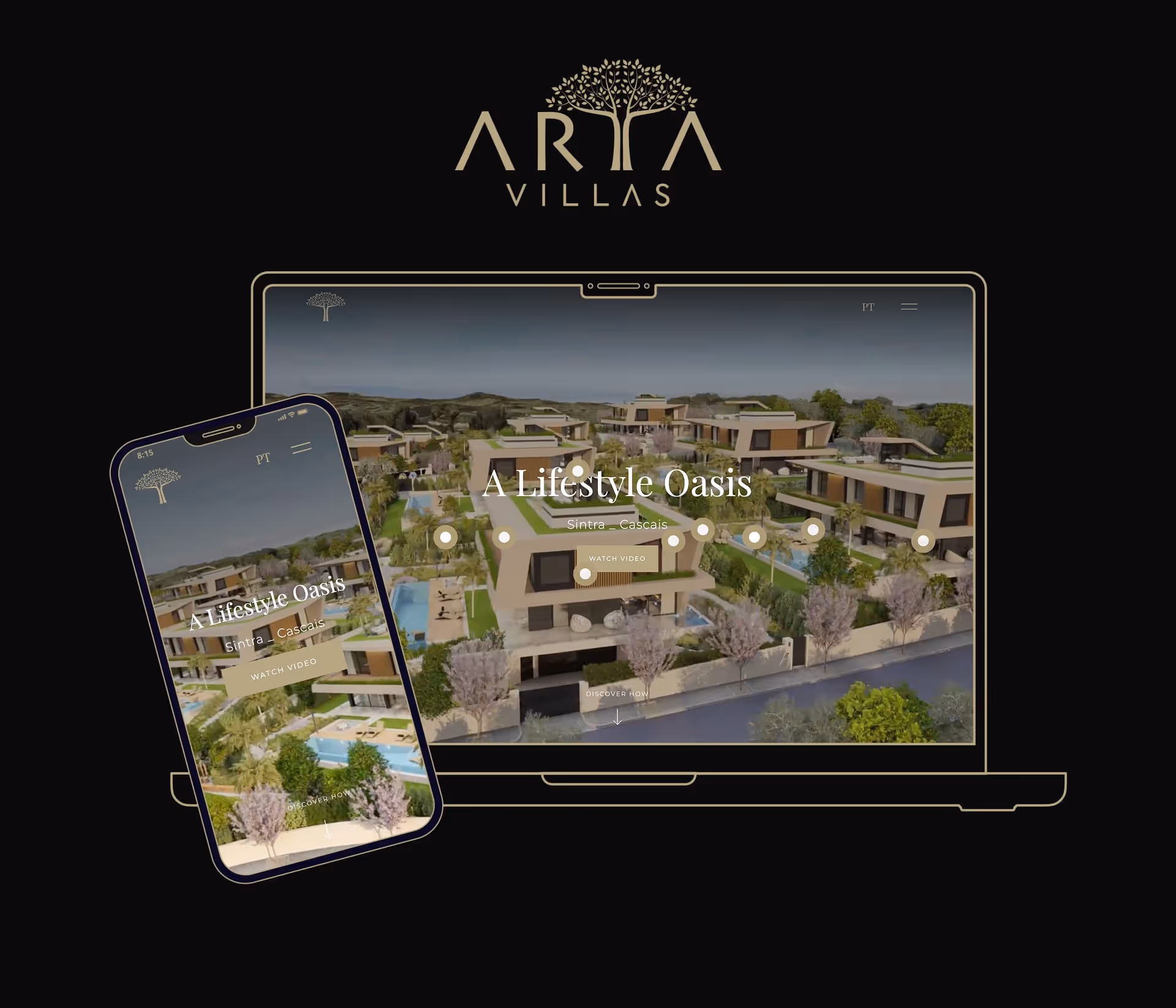 Arta Villas hero section of hompepage in desktop and mobile made in Webflow