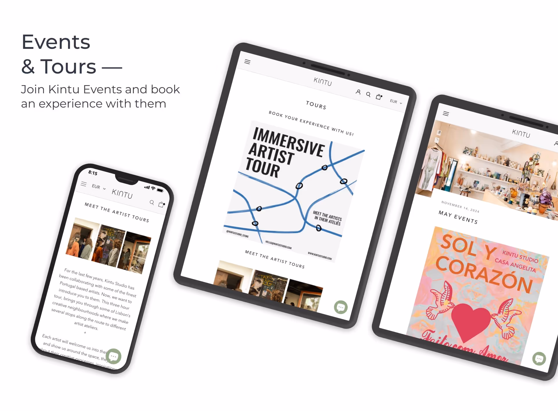 Kintu Studio Website Events & Tours screens in tablet and mobile made in Shopify