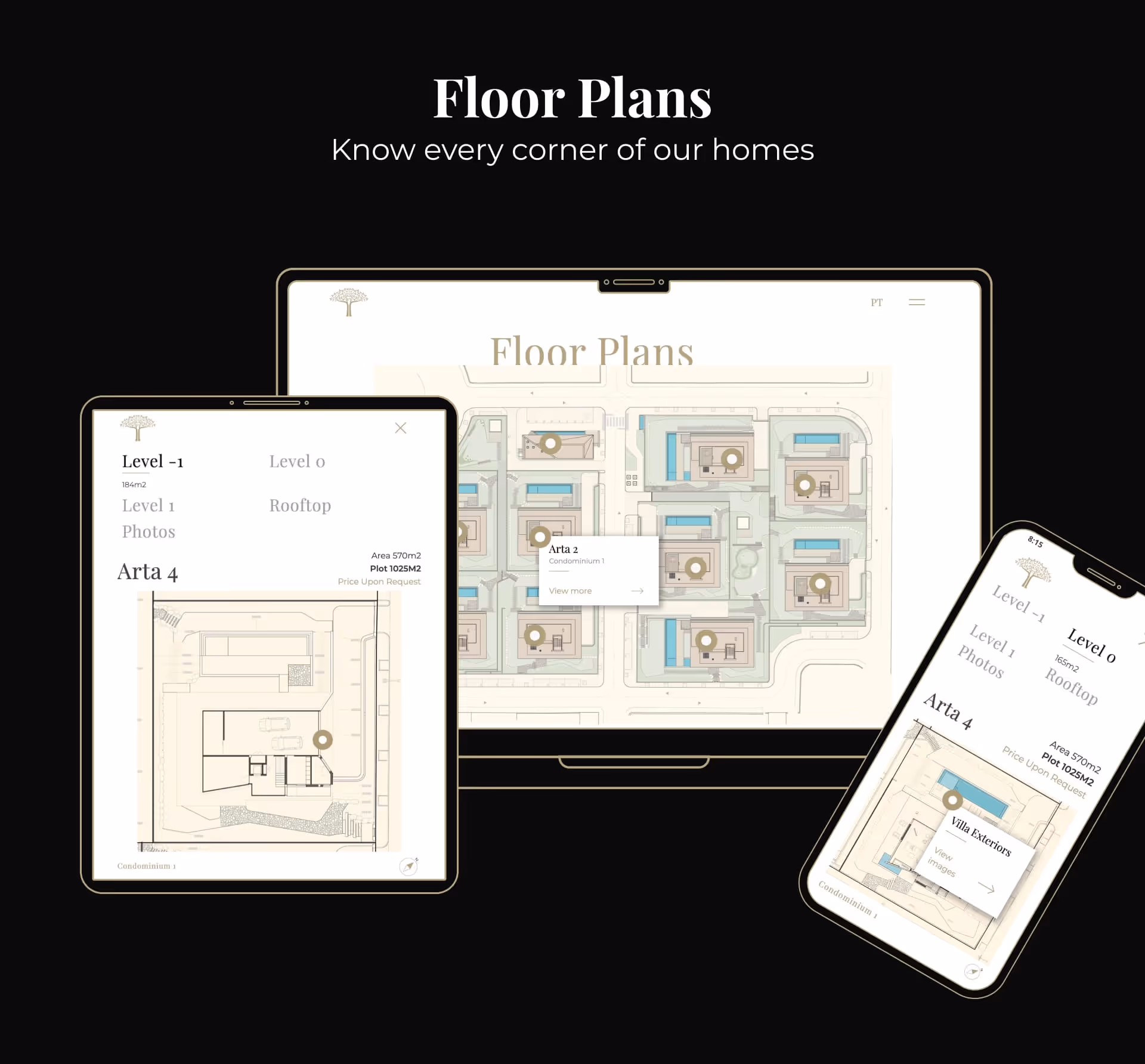 Arta Villas Floor plans in desktop, tablet and mobile made in Webflow