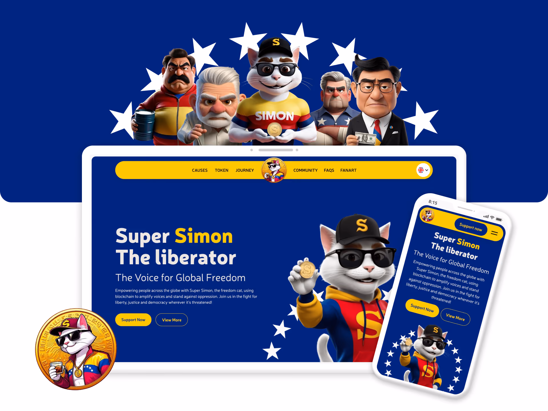 Super Simon the liberator cat mascot on tablet and phone screens promoting global freedom and justice.