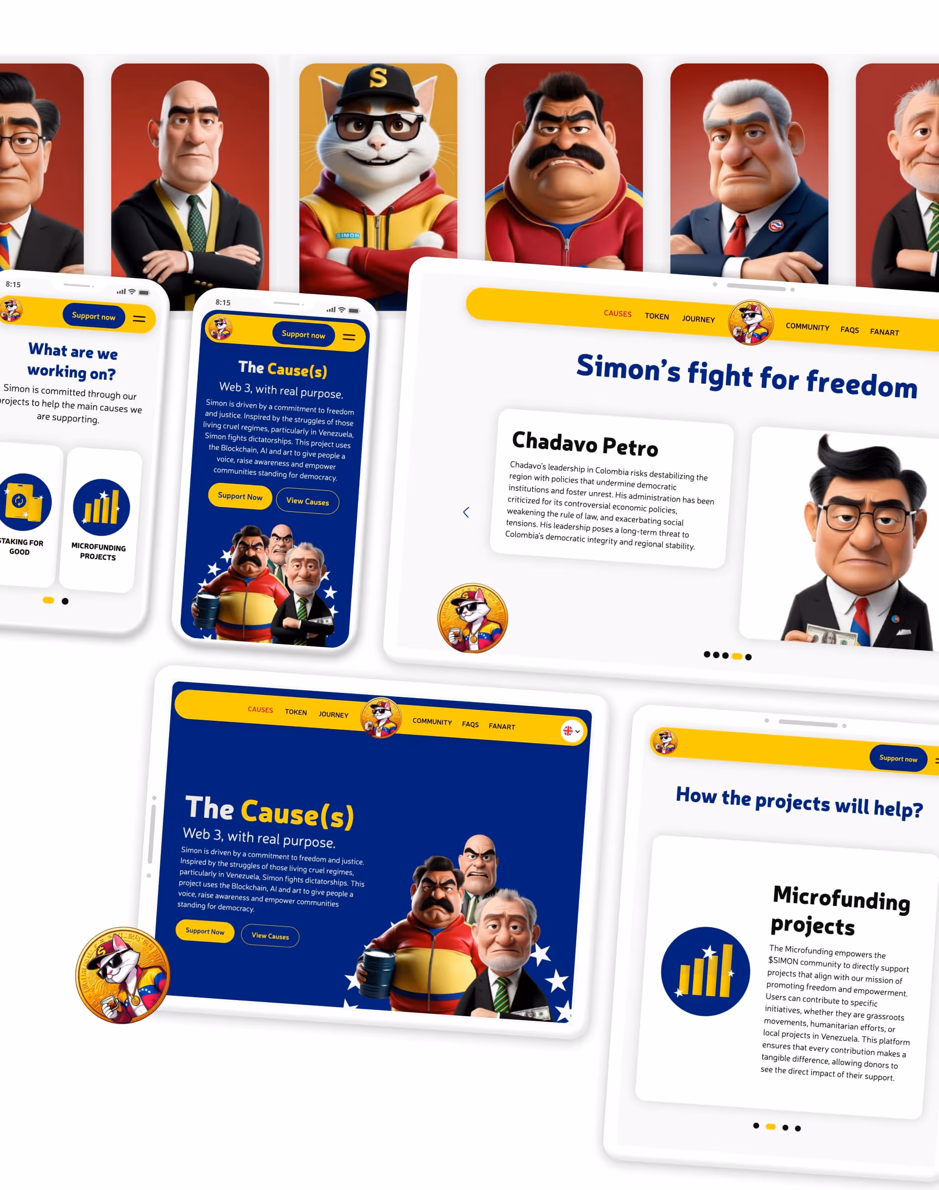 Simon Coin Memecoin al characters designed and their screens in desktop, tablet and mobile made with webflow