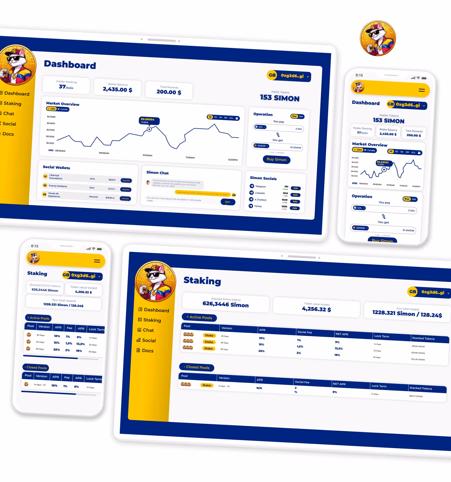 Simon Coin Memecoin WebApp dashboard and staking screens in Desktop and Mobile