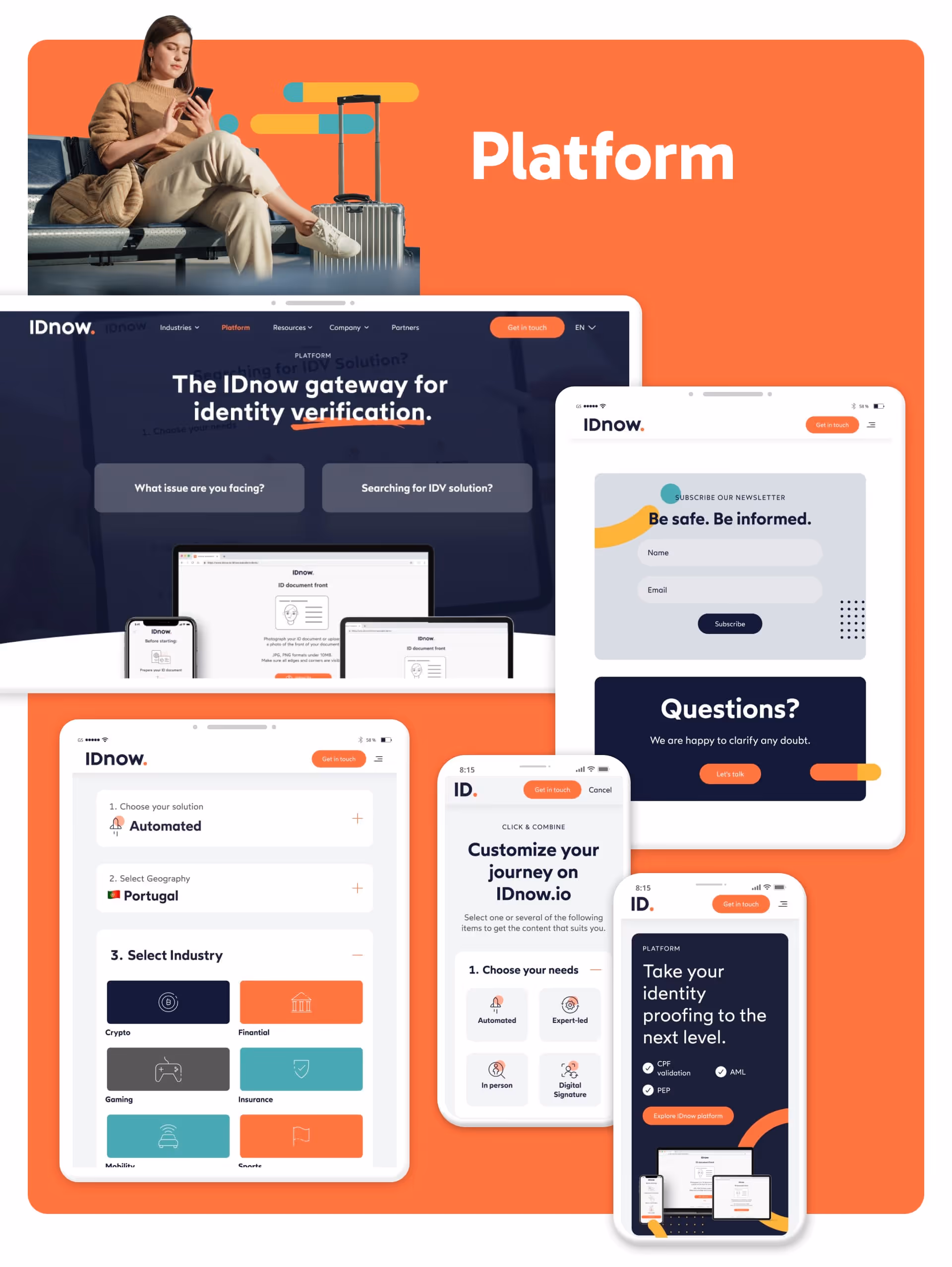 IDnow website design platform screens with Desktop, tablet and mobile main sections
