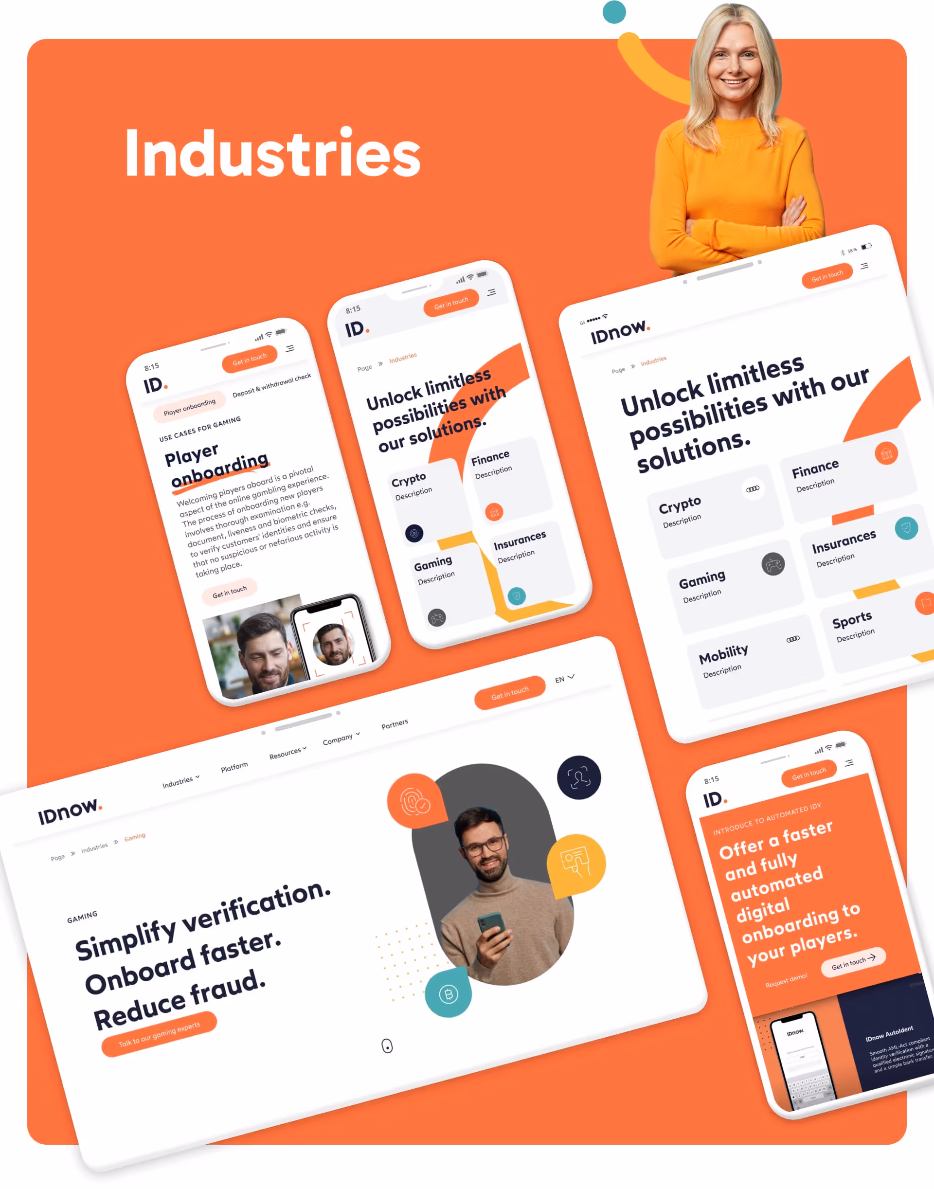 IDnow website design industries screens with Desktop, tablet and mobile main sections