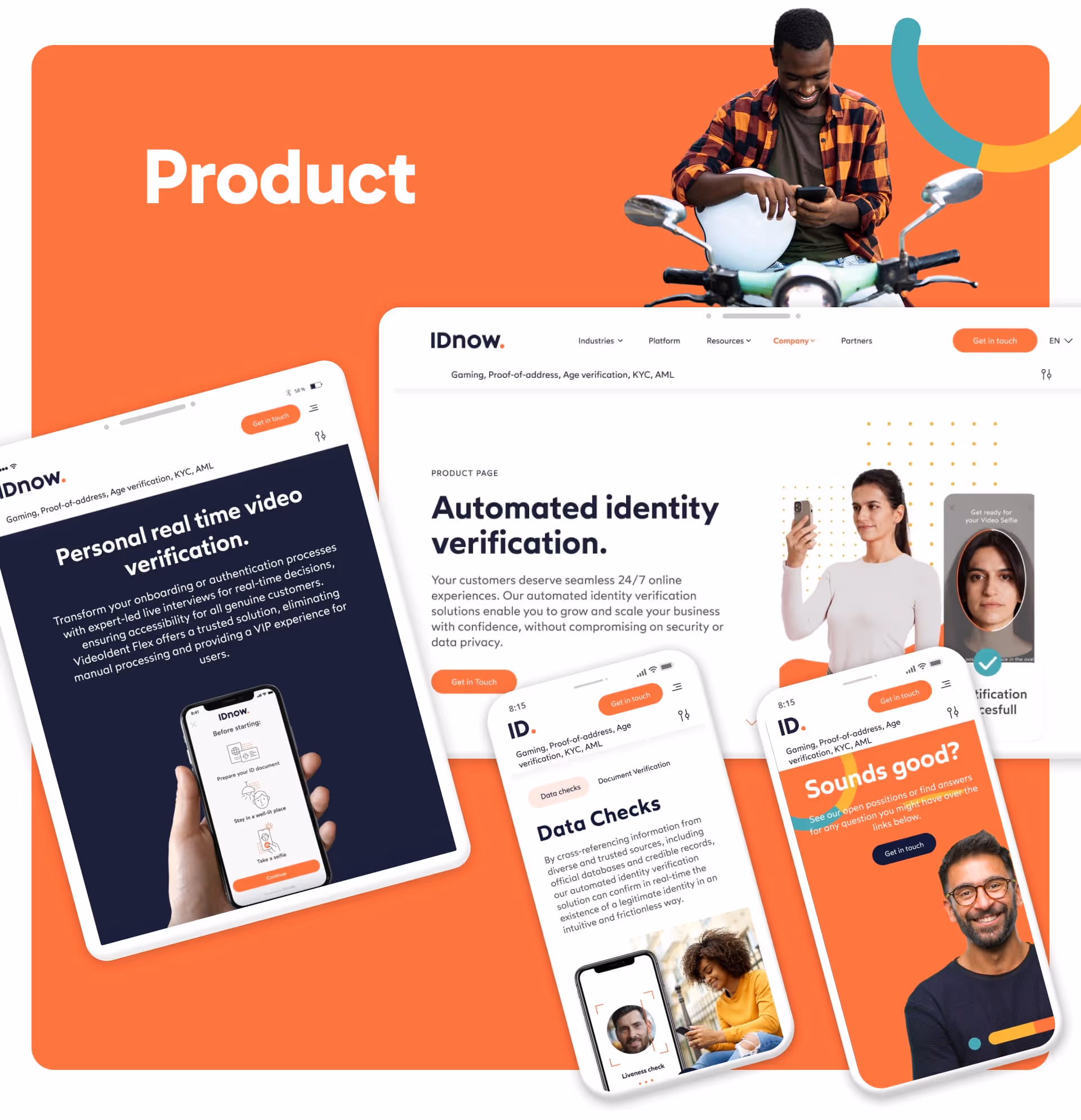 IDnow website design product screens with Desktop, tablet and mobile main sections