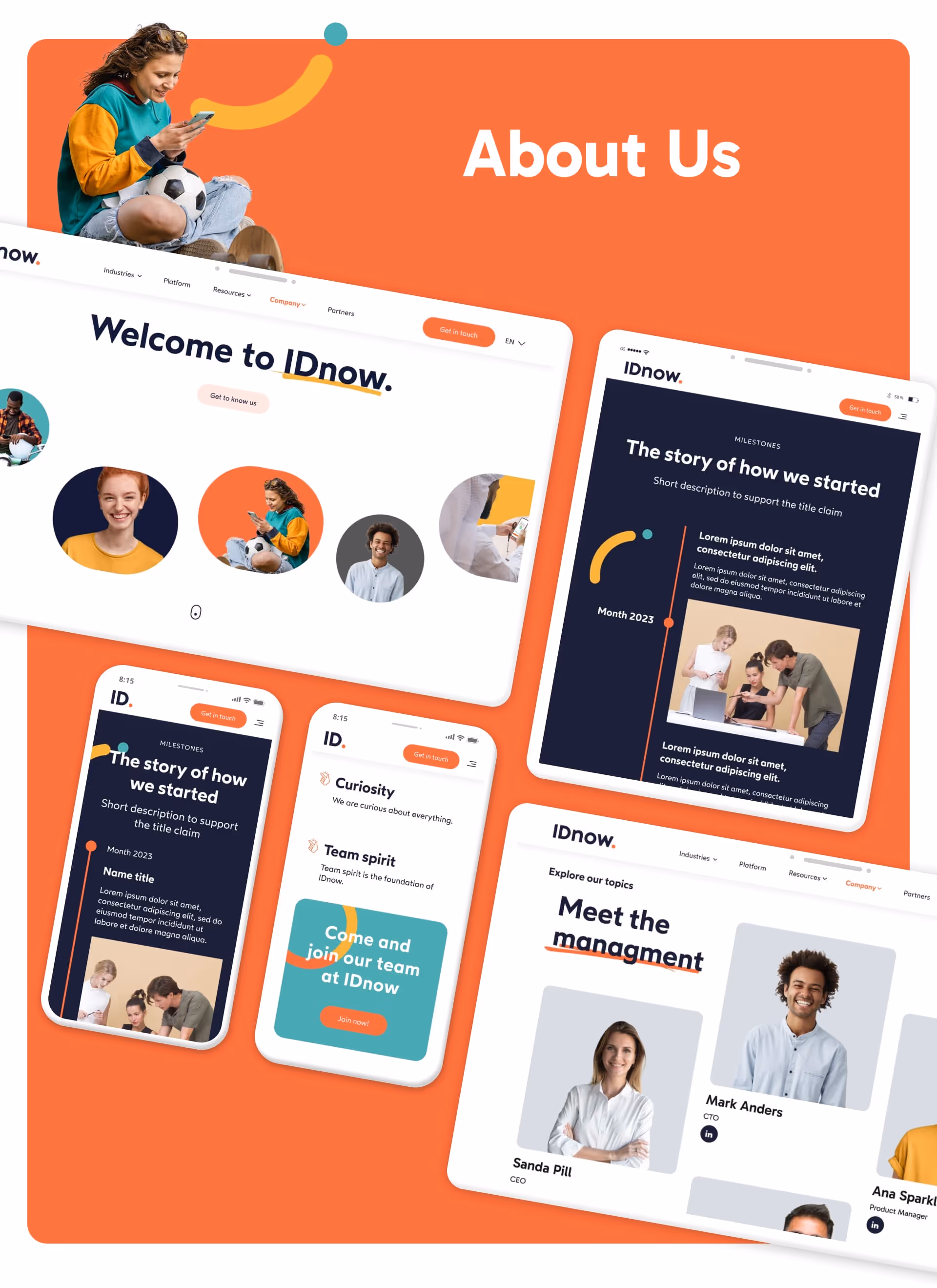 IDnow website design about us screens with Desktop, tablet and mobile main sections