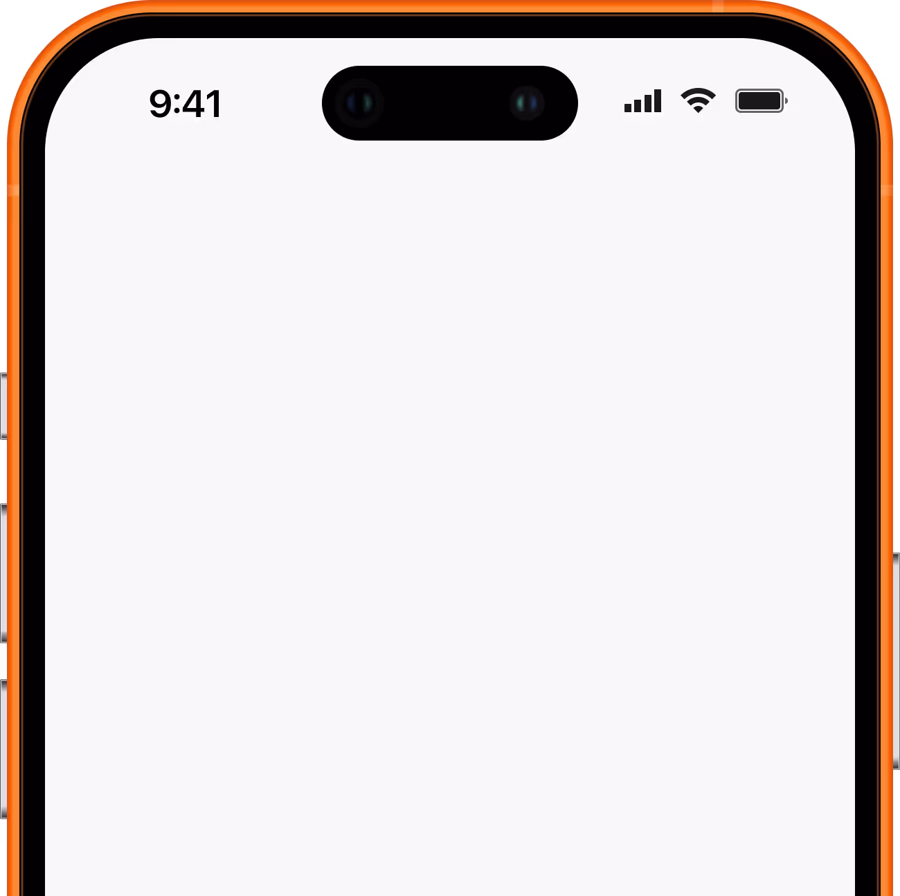 Top portion of an orange-framed smartphone displaying a blank white screen with status icons for time, signal, Wi-Fi, and battery.