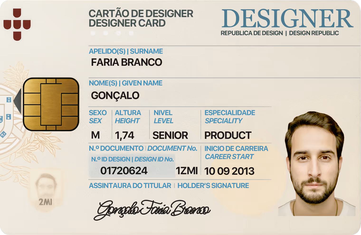 Designer card with chip, name Gonçalo Faria Branco, sex M, height 1.74, senior level, specialty product, document ID 01720624, design ID 1ZMI, career start 10 09 2013, and a portrait photo of a man with short dark hair and beard.