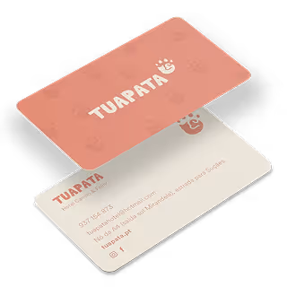 Two Tuapata business cards with rounded corners, one in coral with white logo, the other white with contact details.