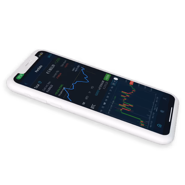White smartphone displaying a cryptocurrency portfolio with portfolio value, BTC price chart, and candlestick graph on screen.