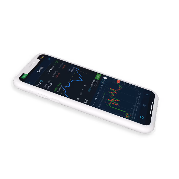 White smartphone displaying a cryptocurrency portfolio with portfolio value, BTC price chart, and candlestick graph on screen.