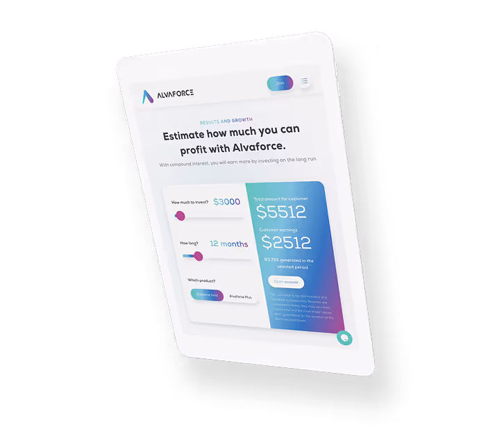 iPad screen displaying Alvaforce investment profit calculator with inputs for investment amount, duration, and product, showing total investor and customer earnings.