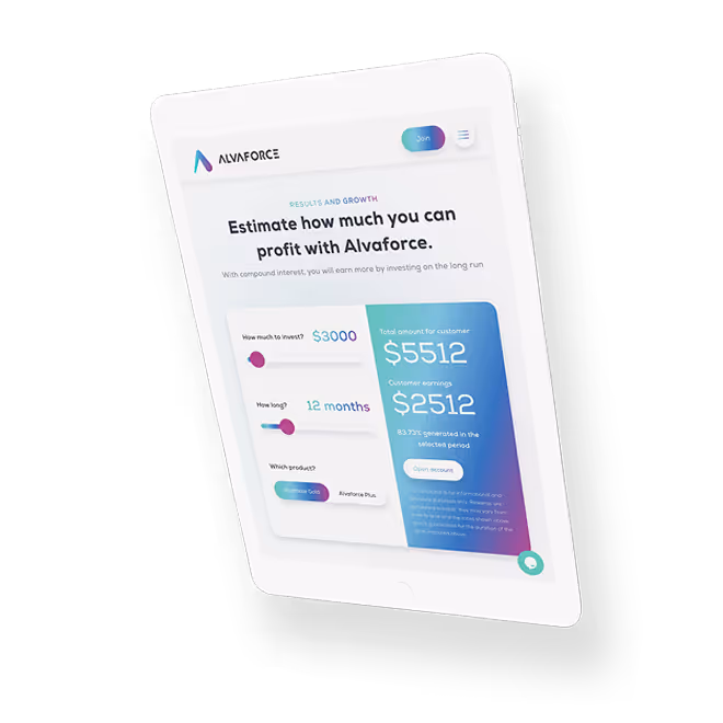 iPad screen displaying Alvaforce investment profit calculator with inputs for investment amount, duration, and product, showing total investor and customer earnings.