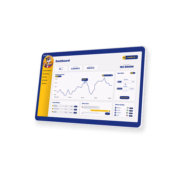 Tablet screen showing a dashboard interface with market overview graph, social wallet stats, chat section, and operation buttons on a blue and yellow background.