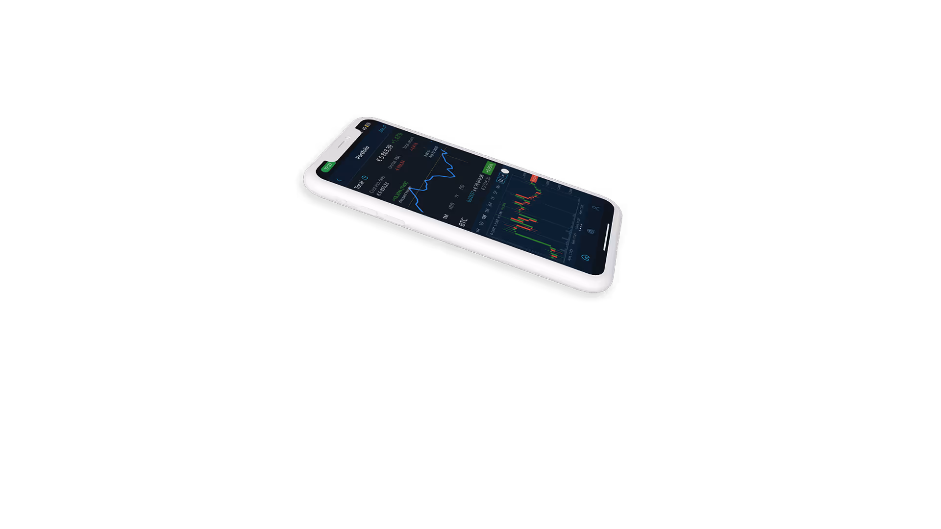 Smartphone displaying a financial portfolio with line and candlestick stock charts on a dark interface.