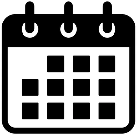 Icône noire de calendrier avec trois anneaux en haut et neuf cases représentant des jours.