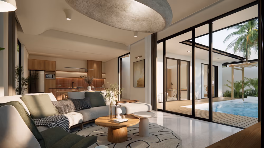 View overlooking living room and kitchen, with views over parts of the outdoor pool 