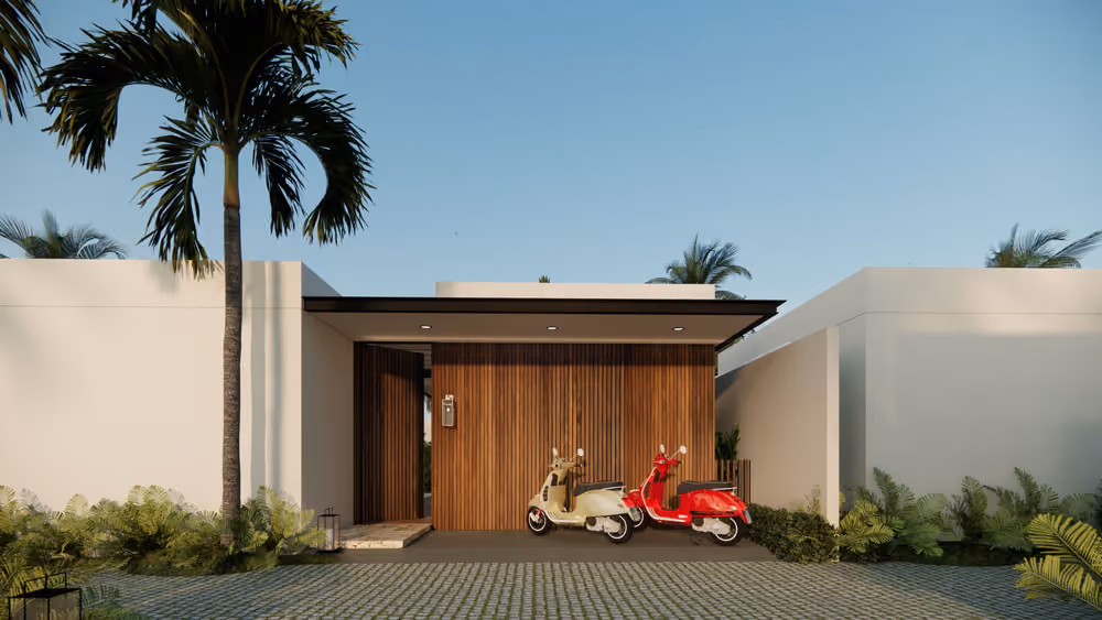 Elegant entrance with wood fininhing and parking space for scooters or a car