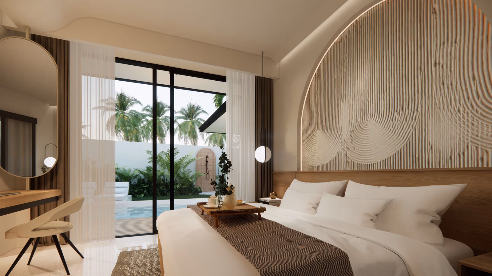 Bedroom with king size bed, desk, mirror, chair and large glass doors with the pool outside