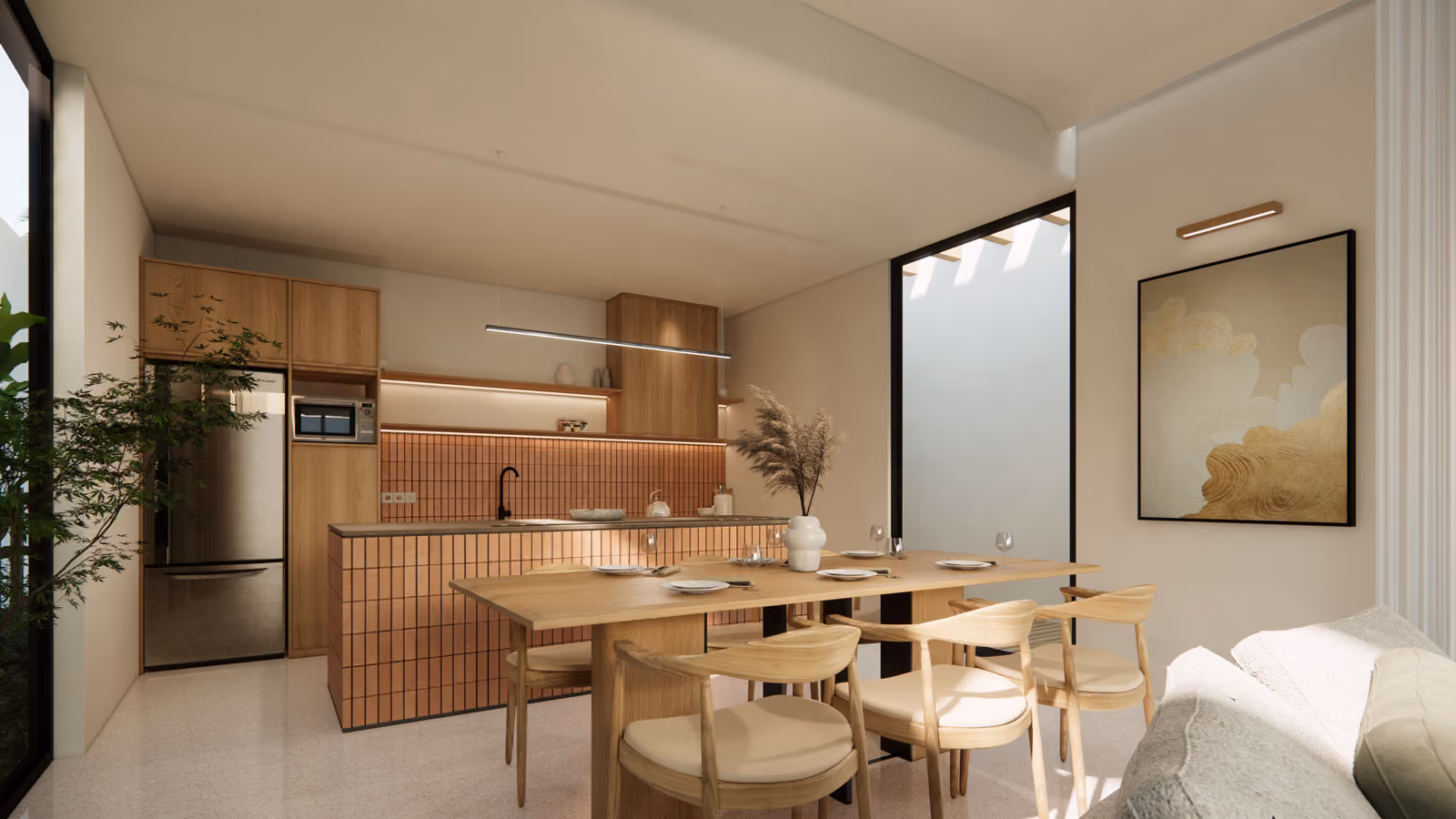 Kitchen and dining table with 6 chairs all in bright wood finish and terracotta accents in the kitchen