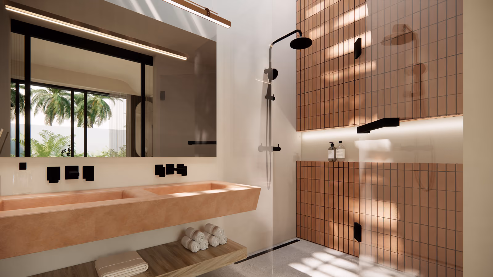 Bright bathroom with shower and sink in matching terracotta color and black appliances 