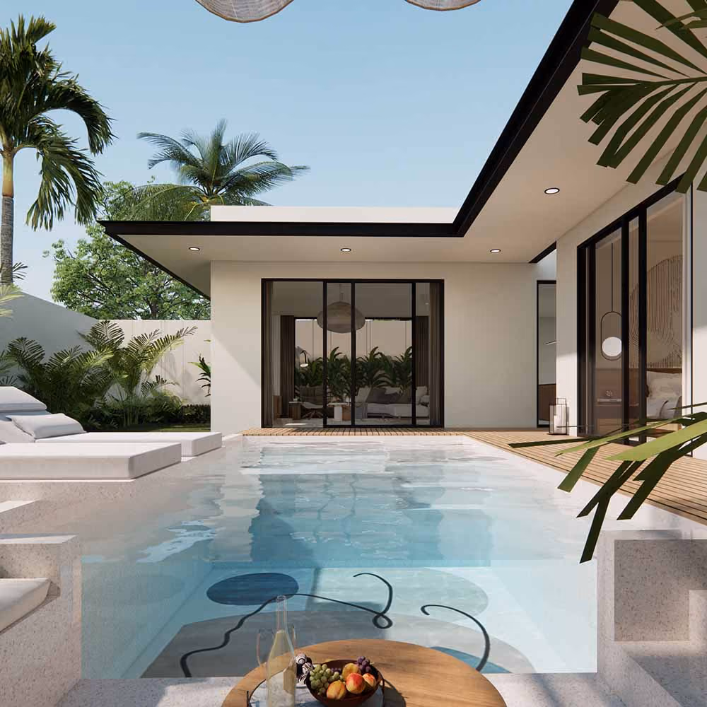 View from sunken outdoor lounge onto pool and villa