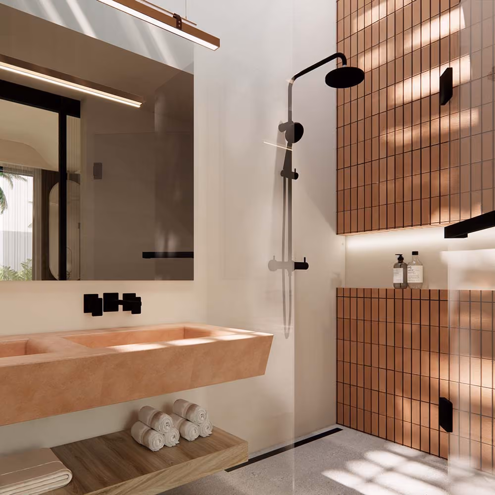 Bright bathroom with natural sunlight terracotta finishes and black appliances