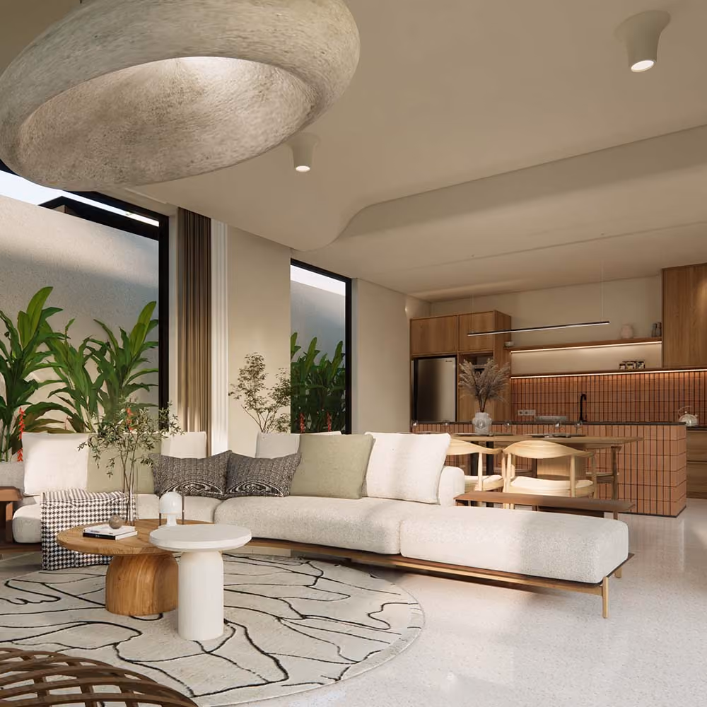 Bright spacious living room and kitchen fully furnished with bright modern furniture and terracotta finches in the kitchen