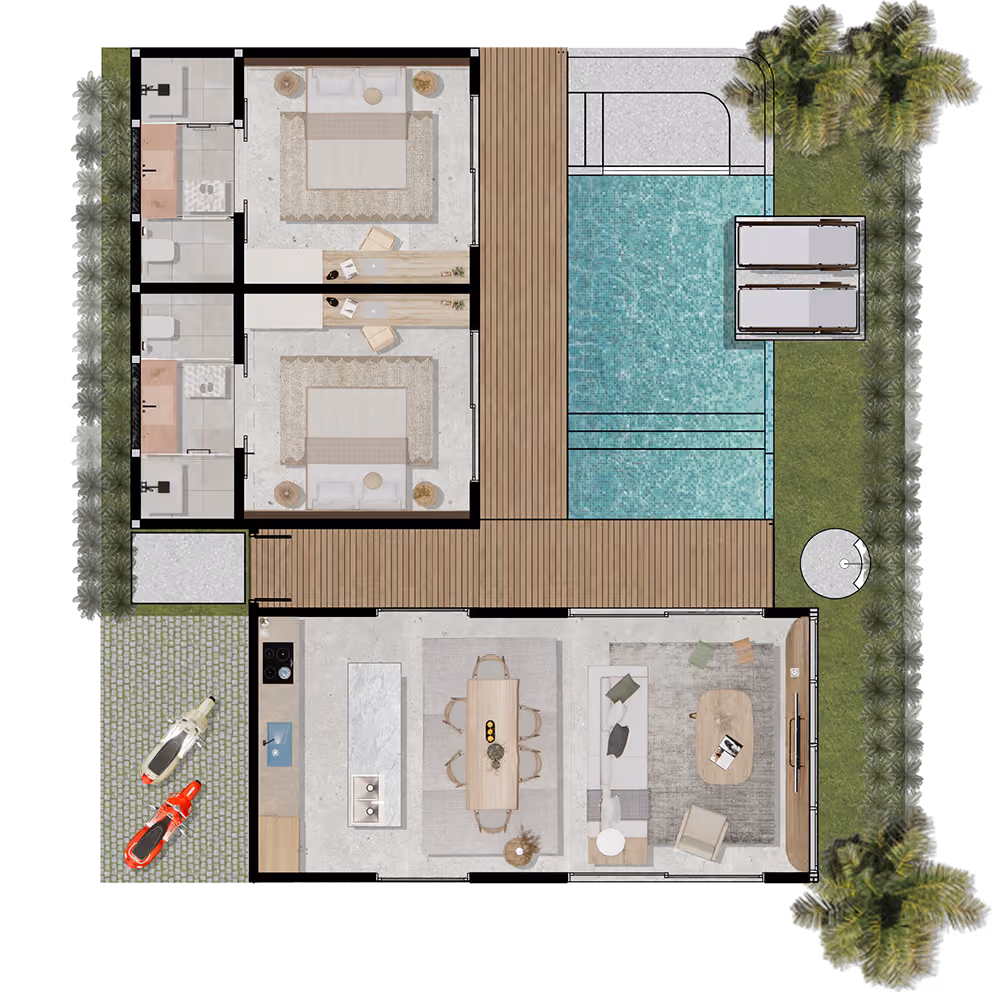 Top down floor plan of 2 bedroom villa layout with parking and pool